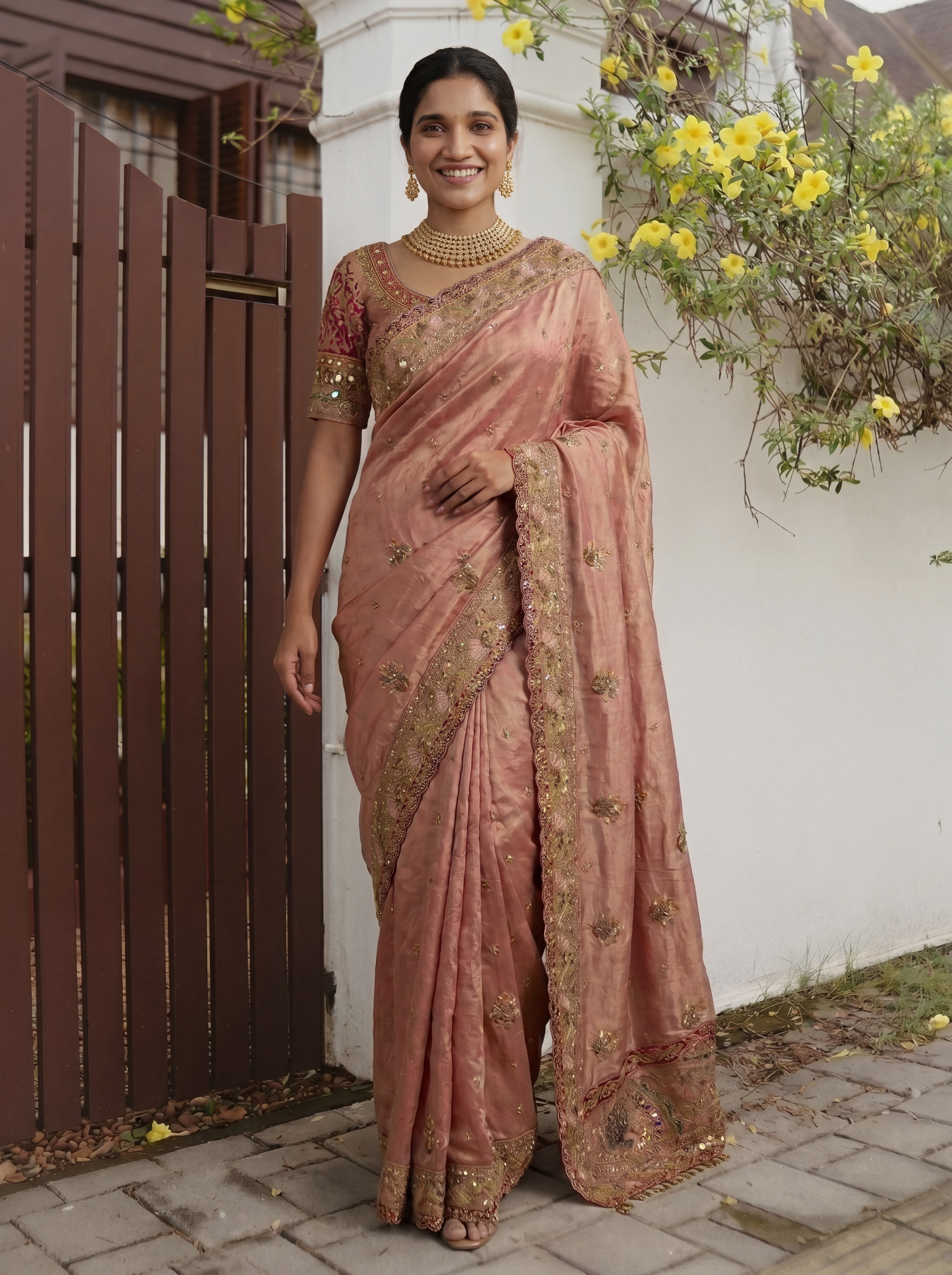 Royal Chiku Tissue Saree with Intricate Handwork and Mirror Border