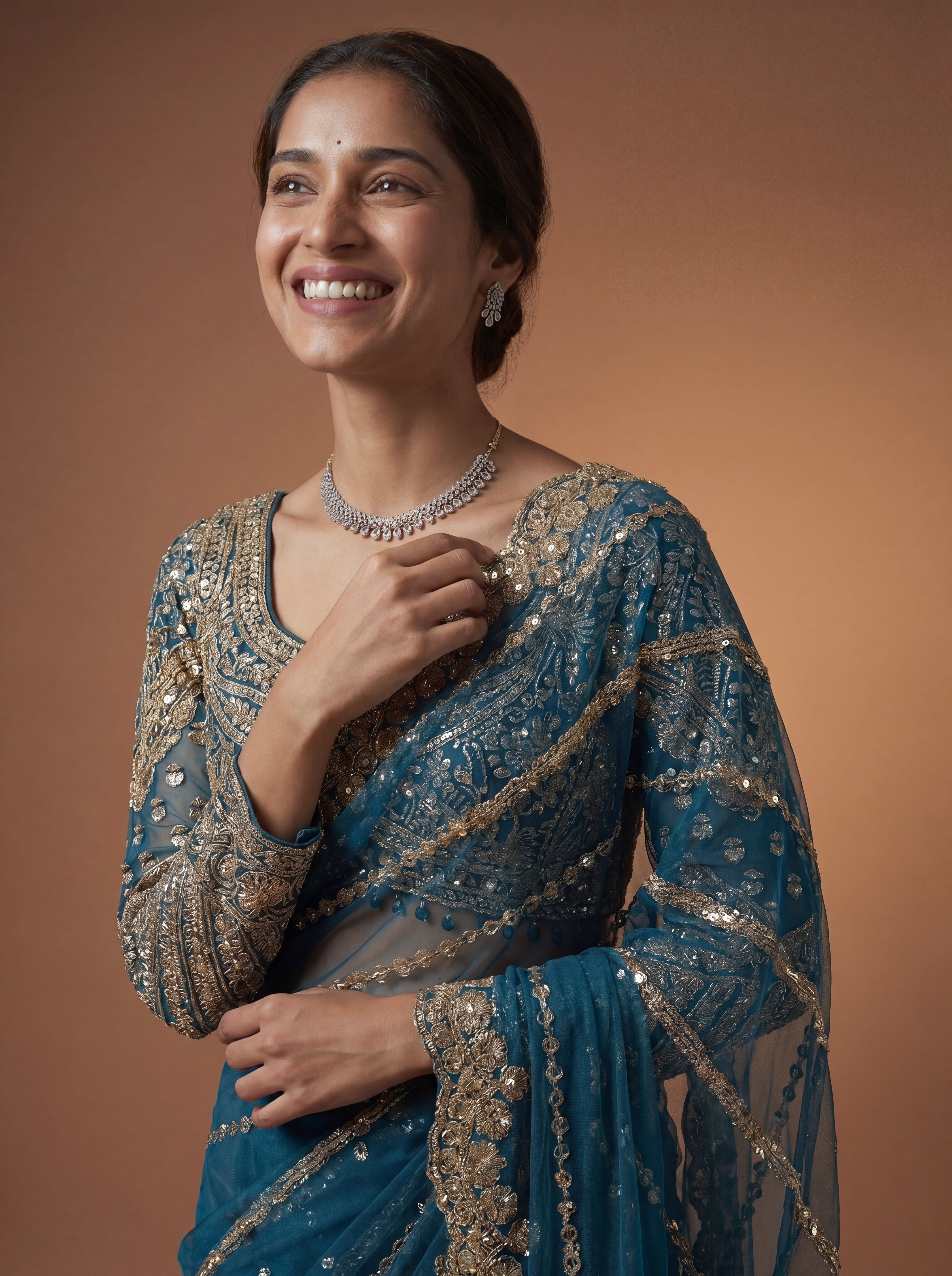 Luxury Morpich Beige Net Saree with Rich Embroidery & Blouse