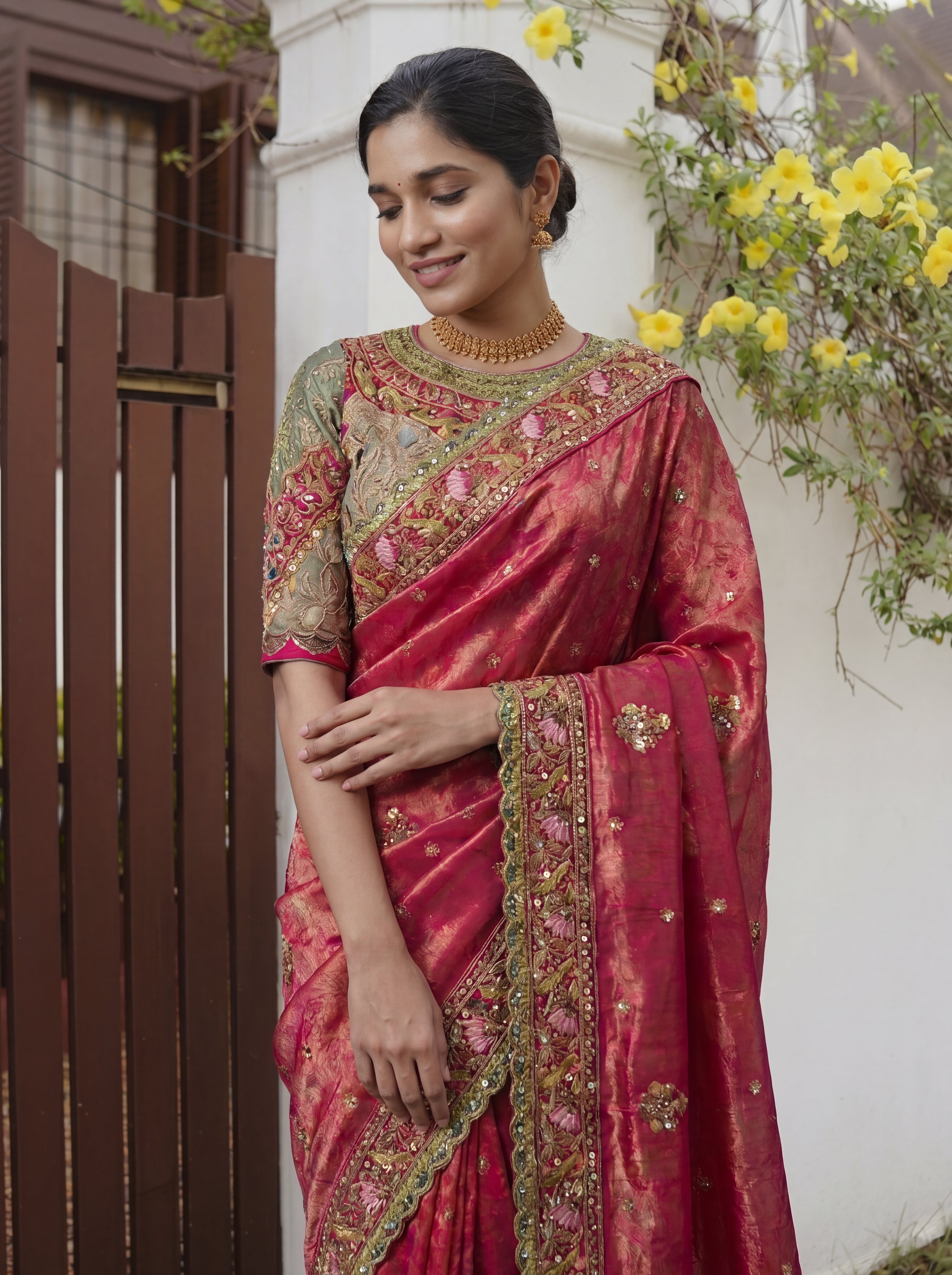 Royal Rani Tissue Saree with Intricate Handwork and Mirror Border