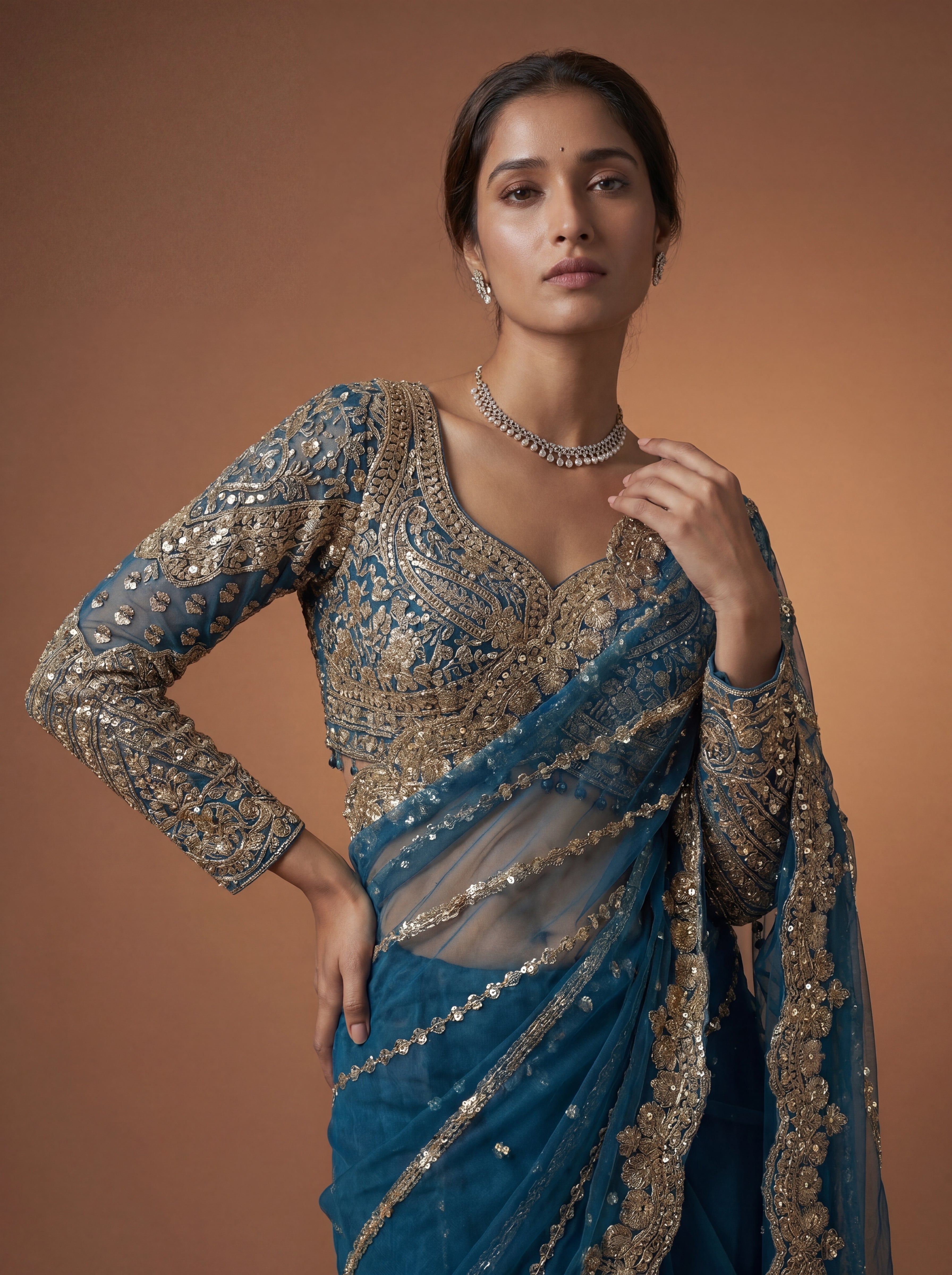 Luxury Morpich Beige Net Saree with Rich Embroidery & Blouse