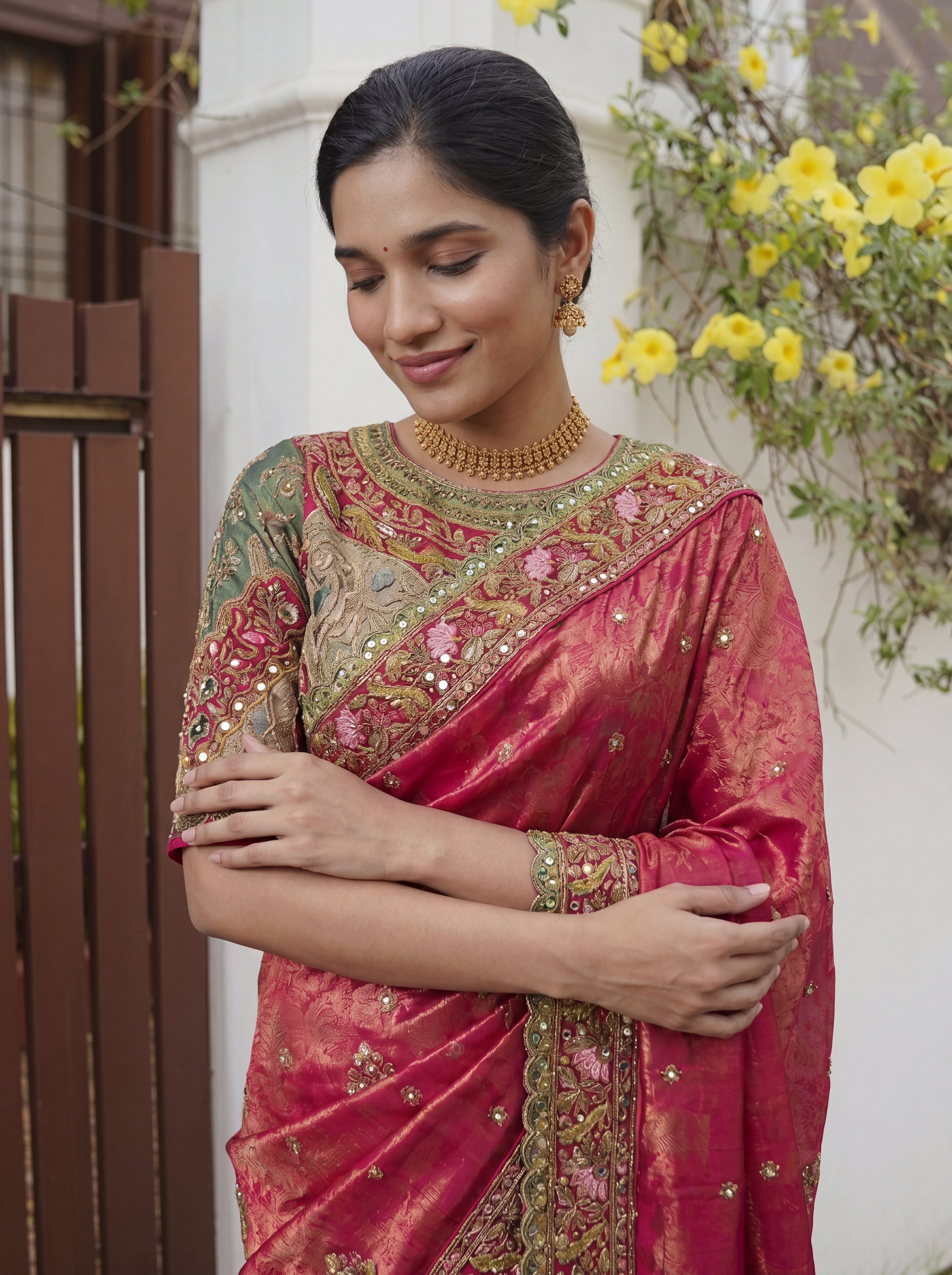 Royal Rani Tissue Saree with Intricate Handwork and Mirror Border