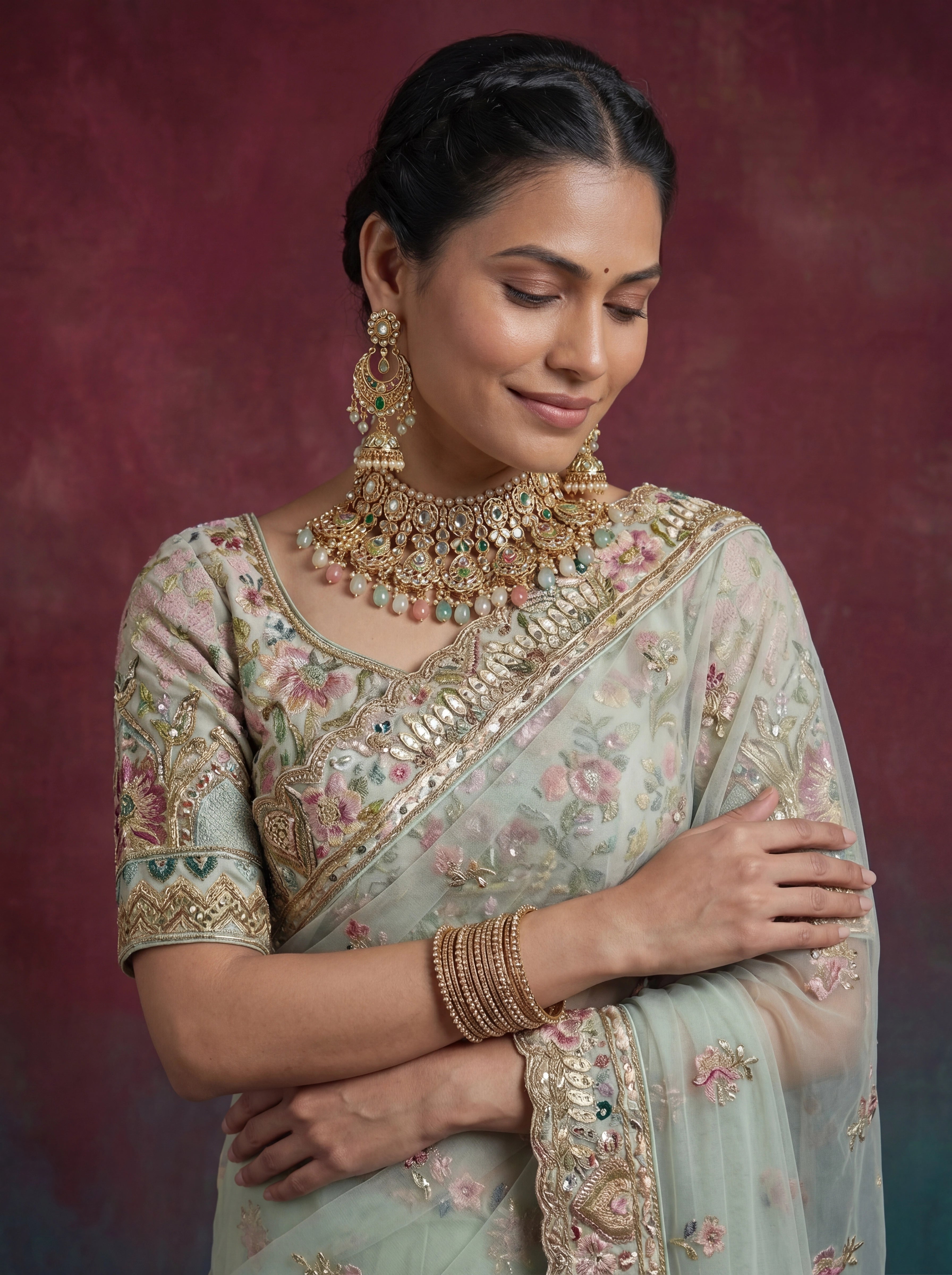 Premium Mint Green Net Saree with Floral Zari & Handwork
