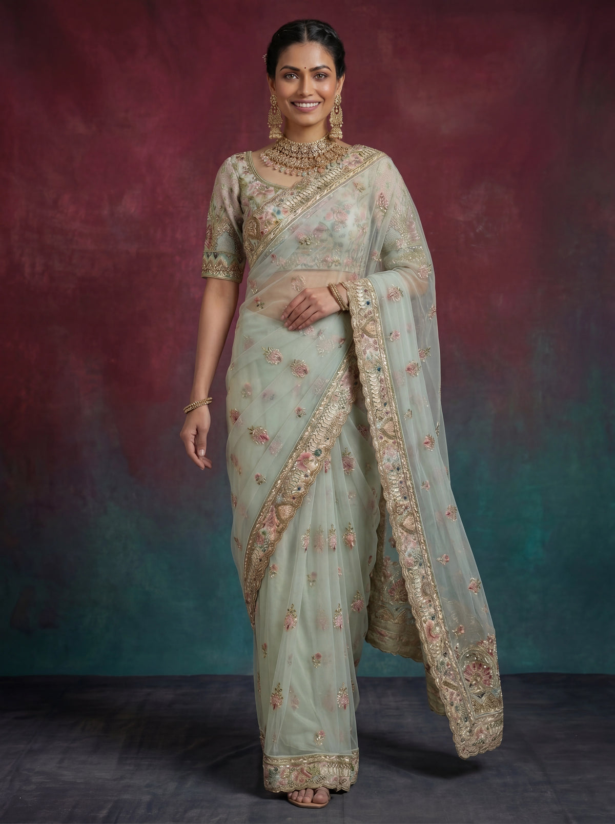 Premium Mint Green Net Saree with Floral Zari & Handwork