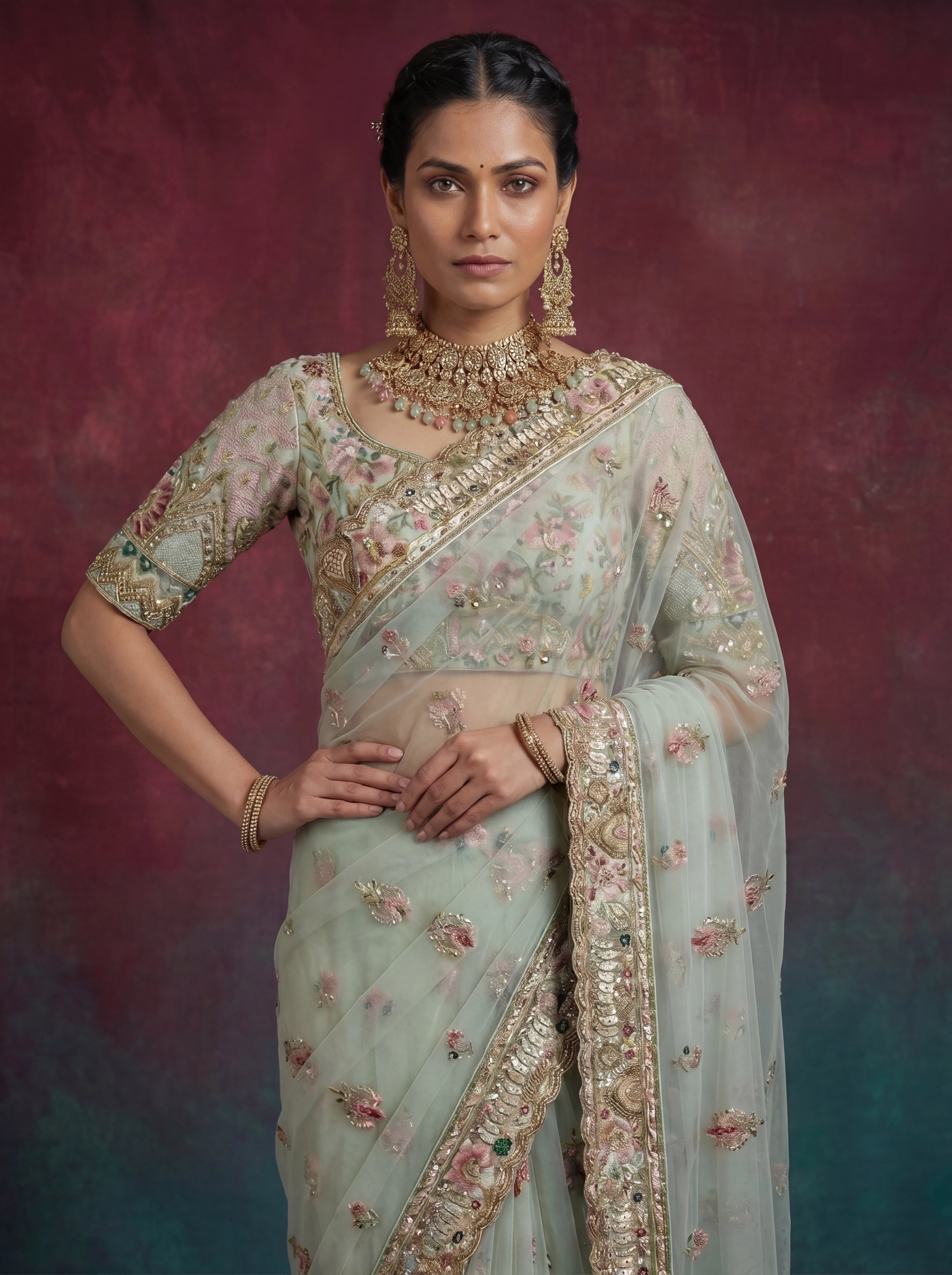 Premium Mint Green Net Saree with Floral Zari & Handwork