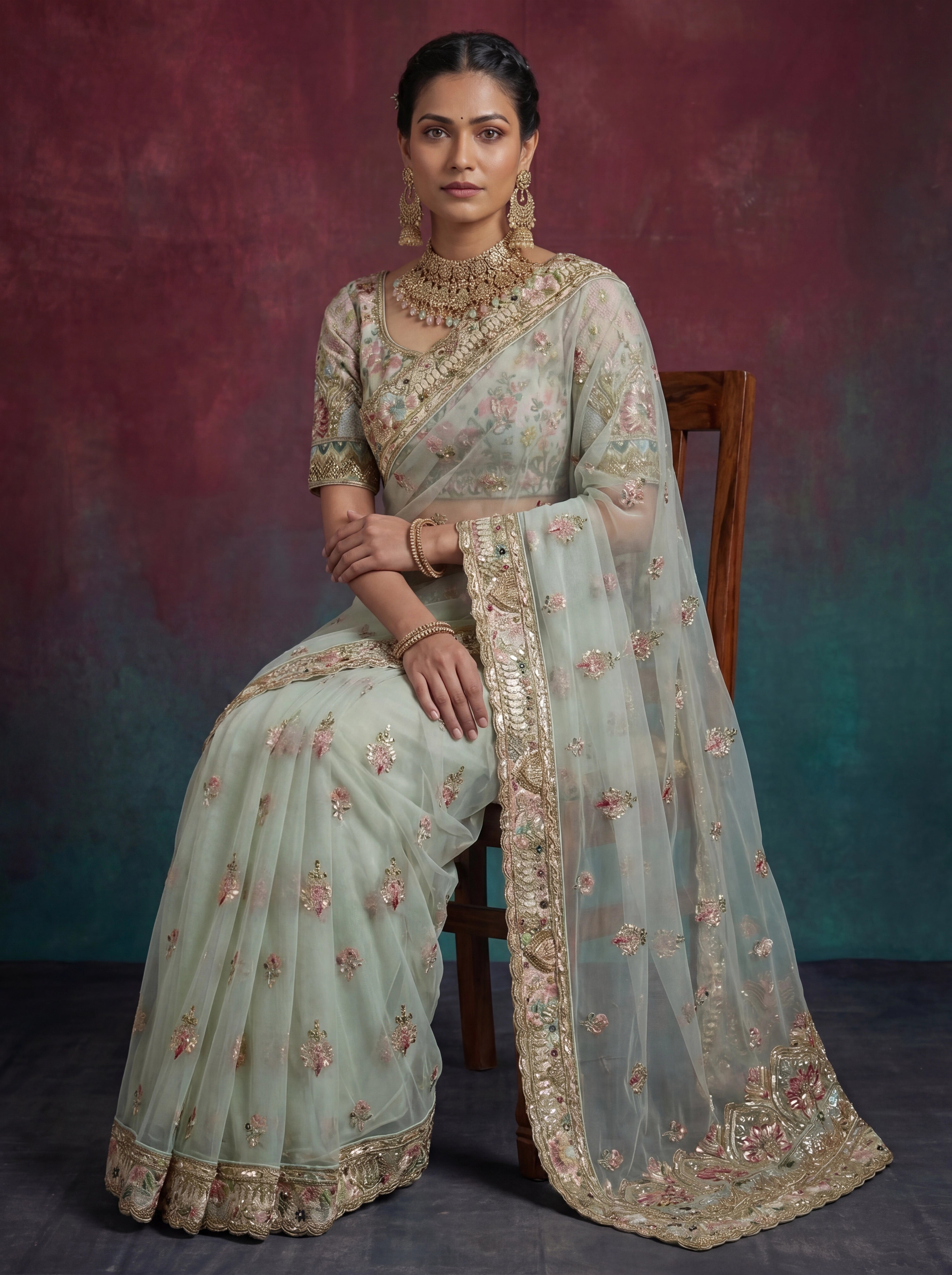 Premium Mint Green Net Saree with Floral Zari & Handwork
