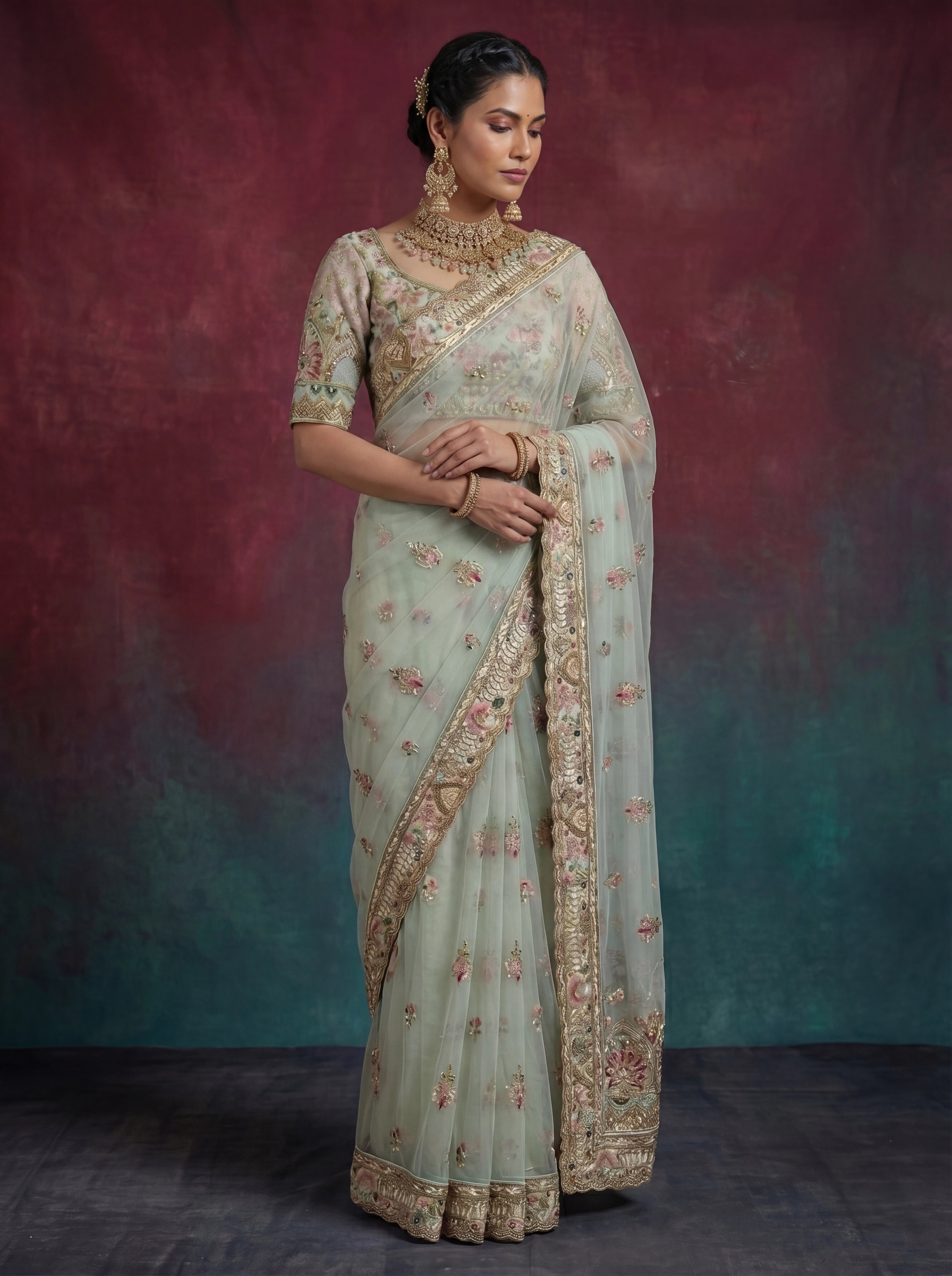 Premium Mint Green Net Saree with Floral Zari & Handwork
