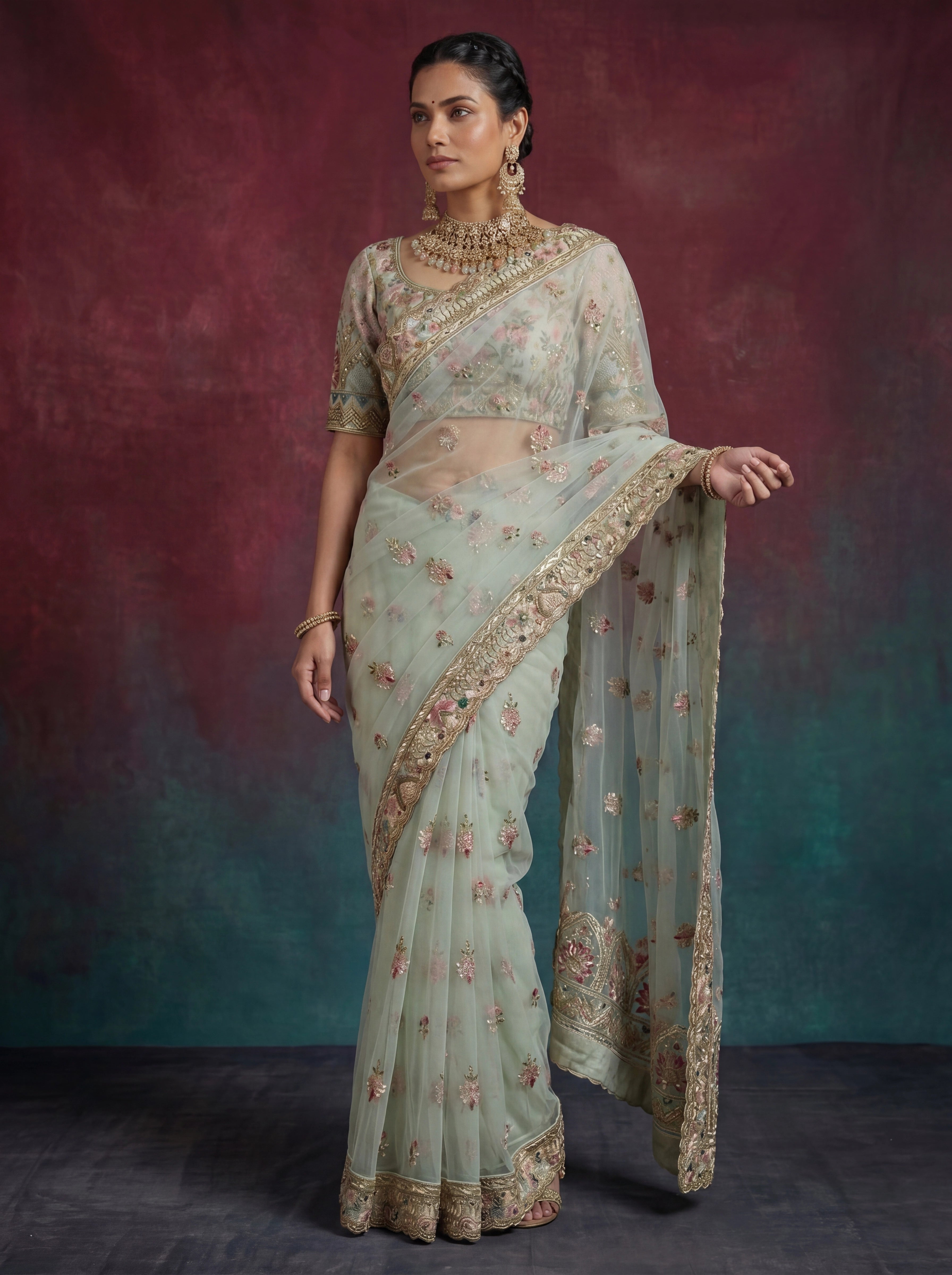Premium Mint Green Net Saree with Floral Zari & Handwork