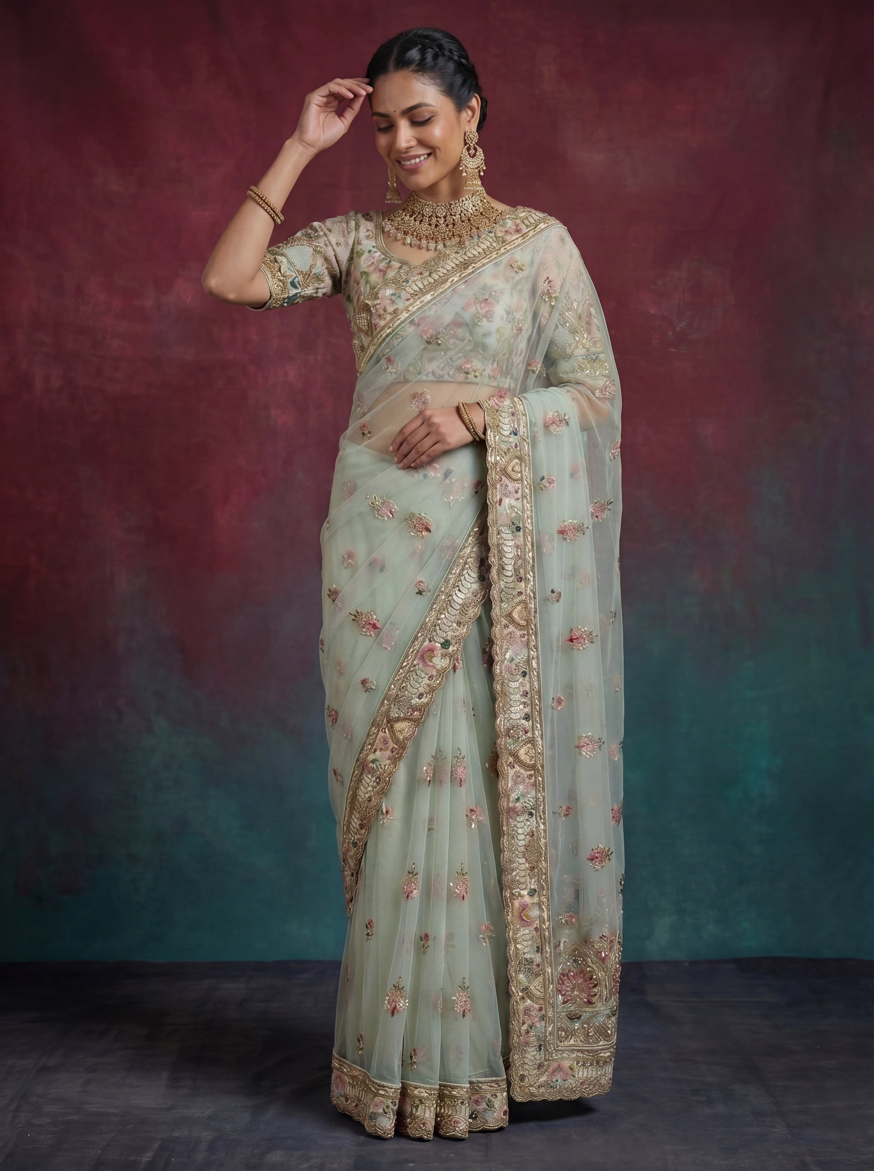 Premium Mint Green Net Saree with Floral Zari & Handwork