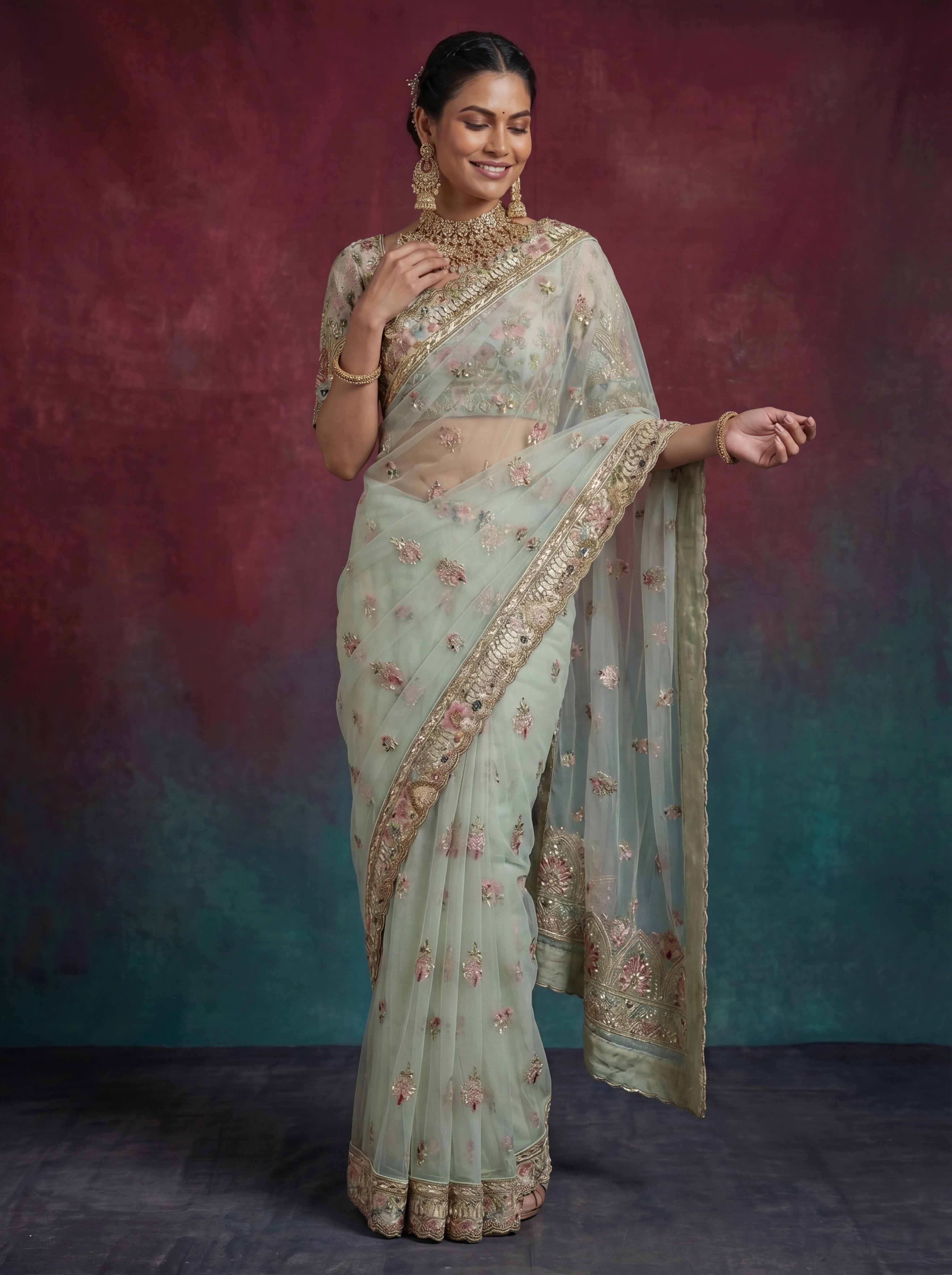 Premium Mint Green Net Saree with Floral Zari & Handwork
