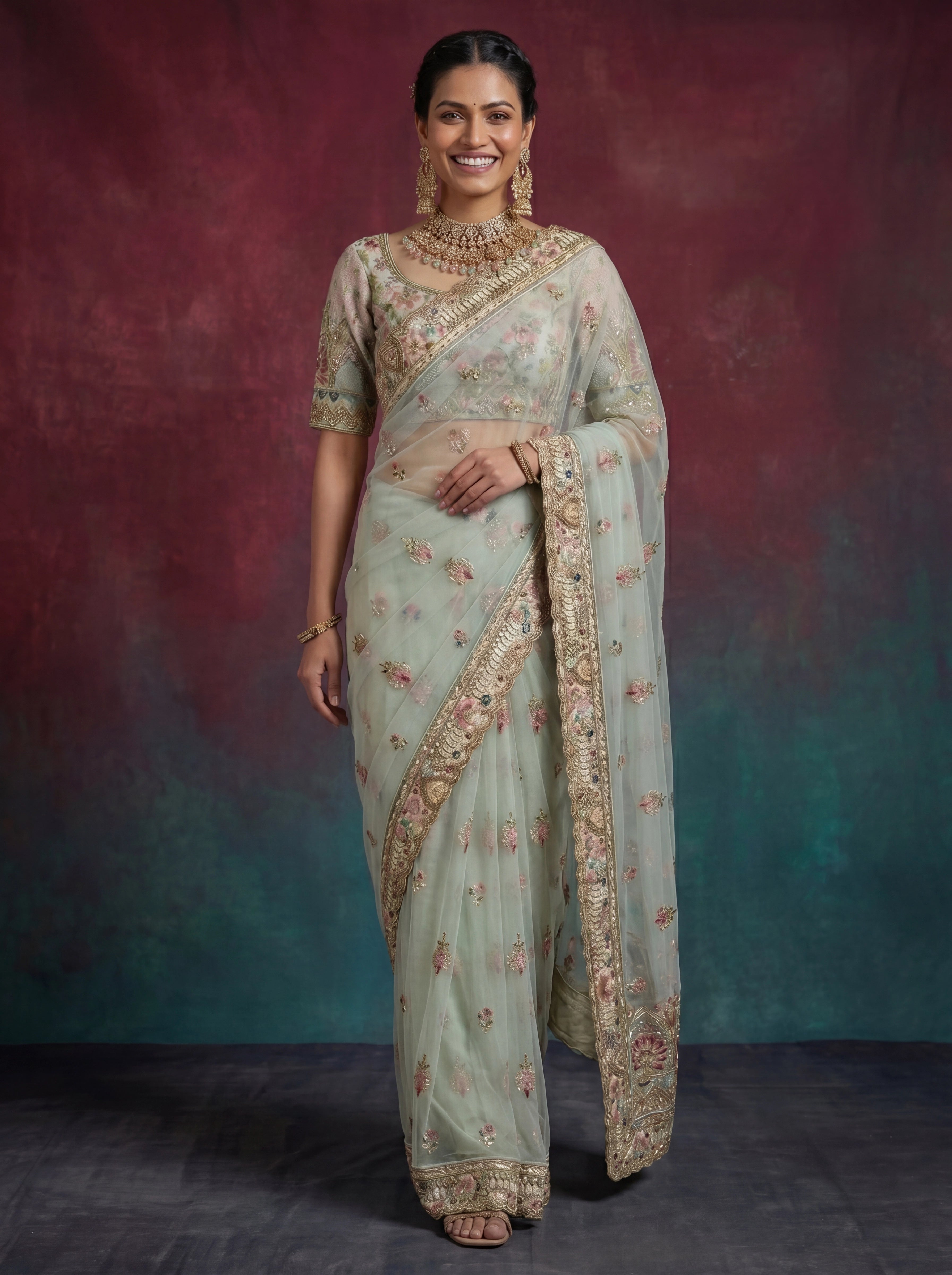 Premium Mint Green Net Saree with Floral Zari & Handwork