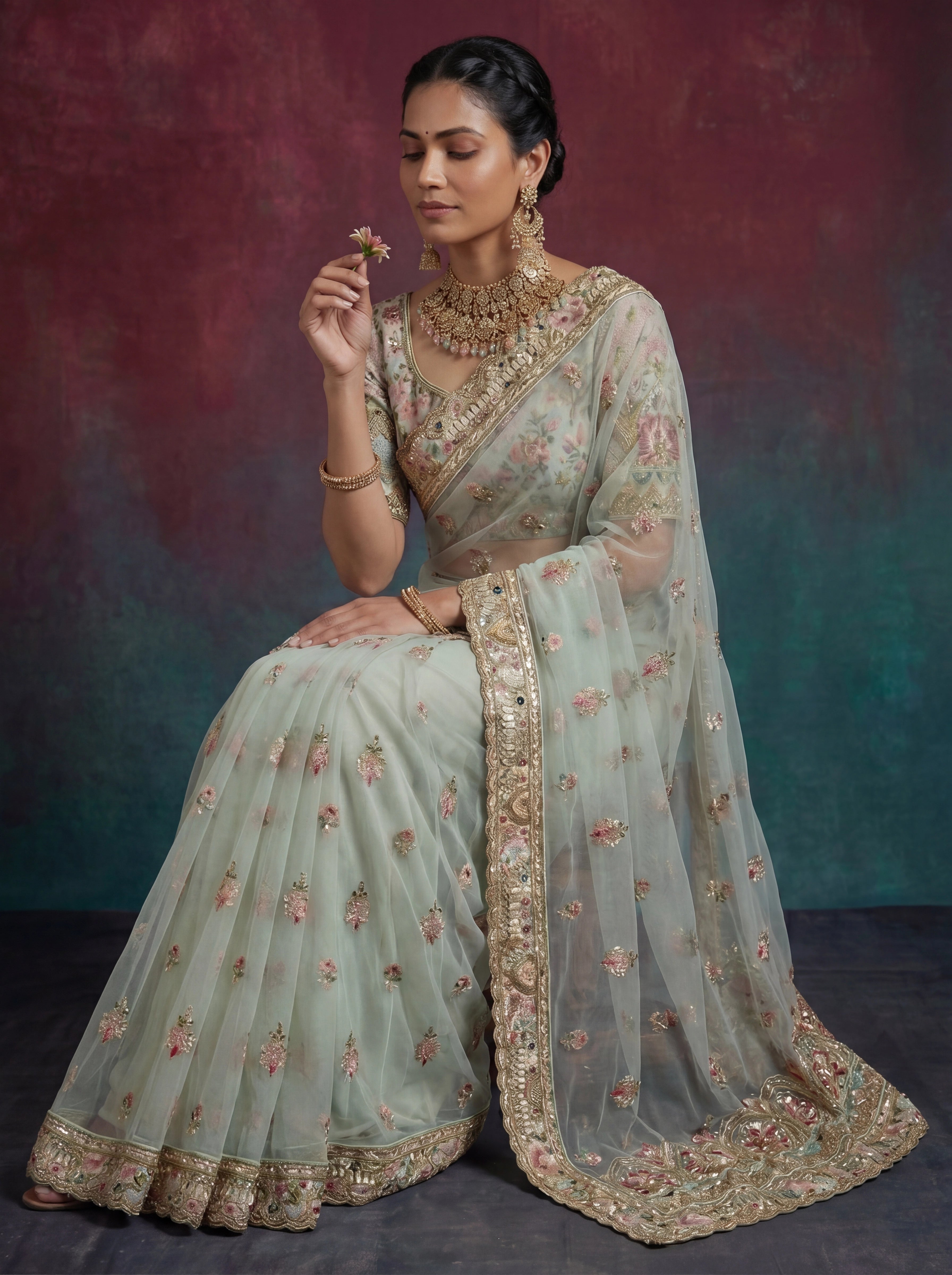 Premium Mint Green Net Saree with Floral Zari & Handwork