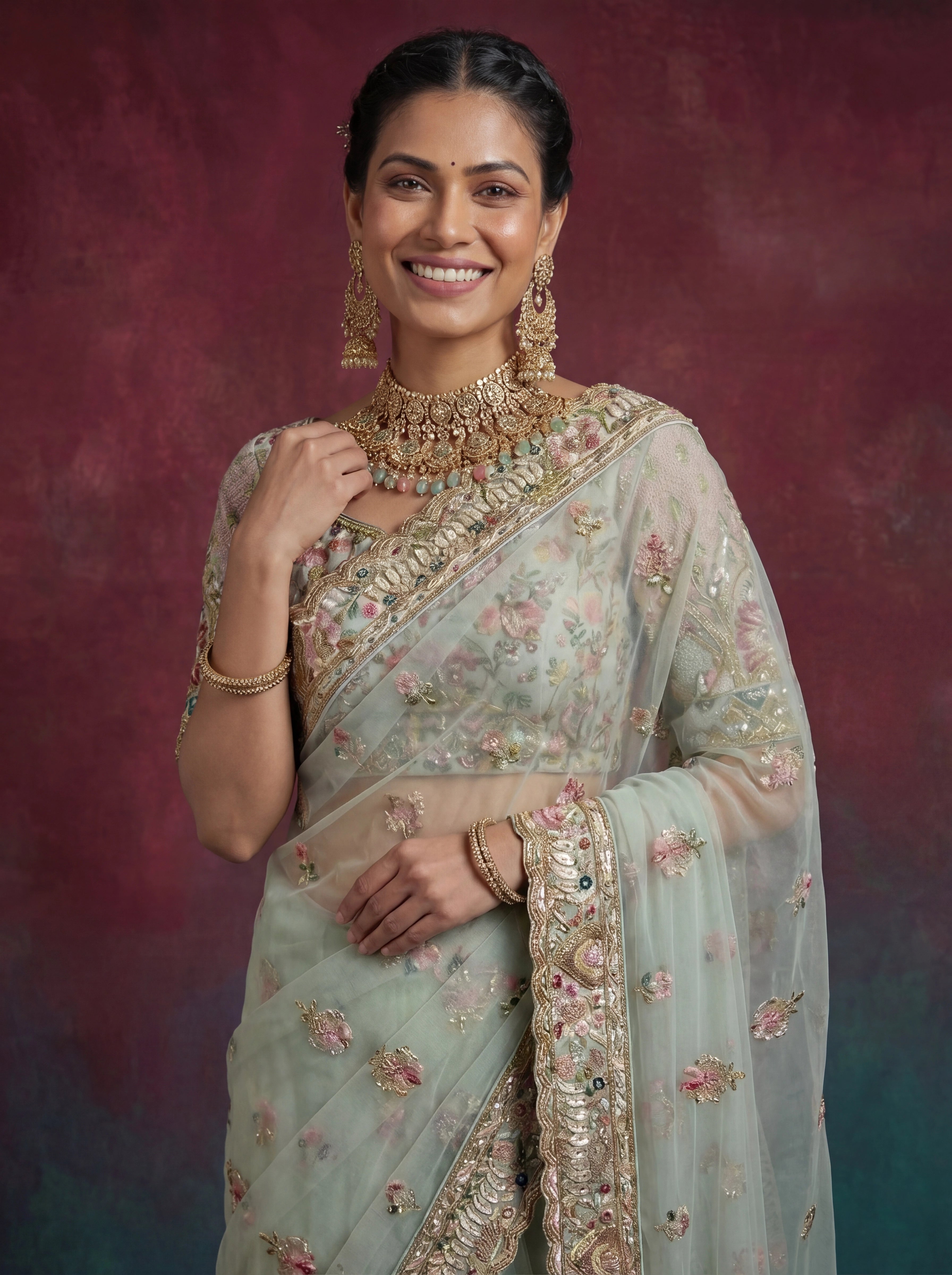 Premium Mint Green Net Saree with Floral Zari & Handwork