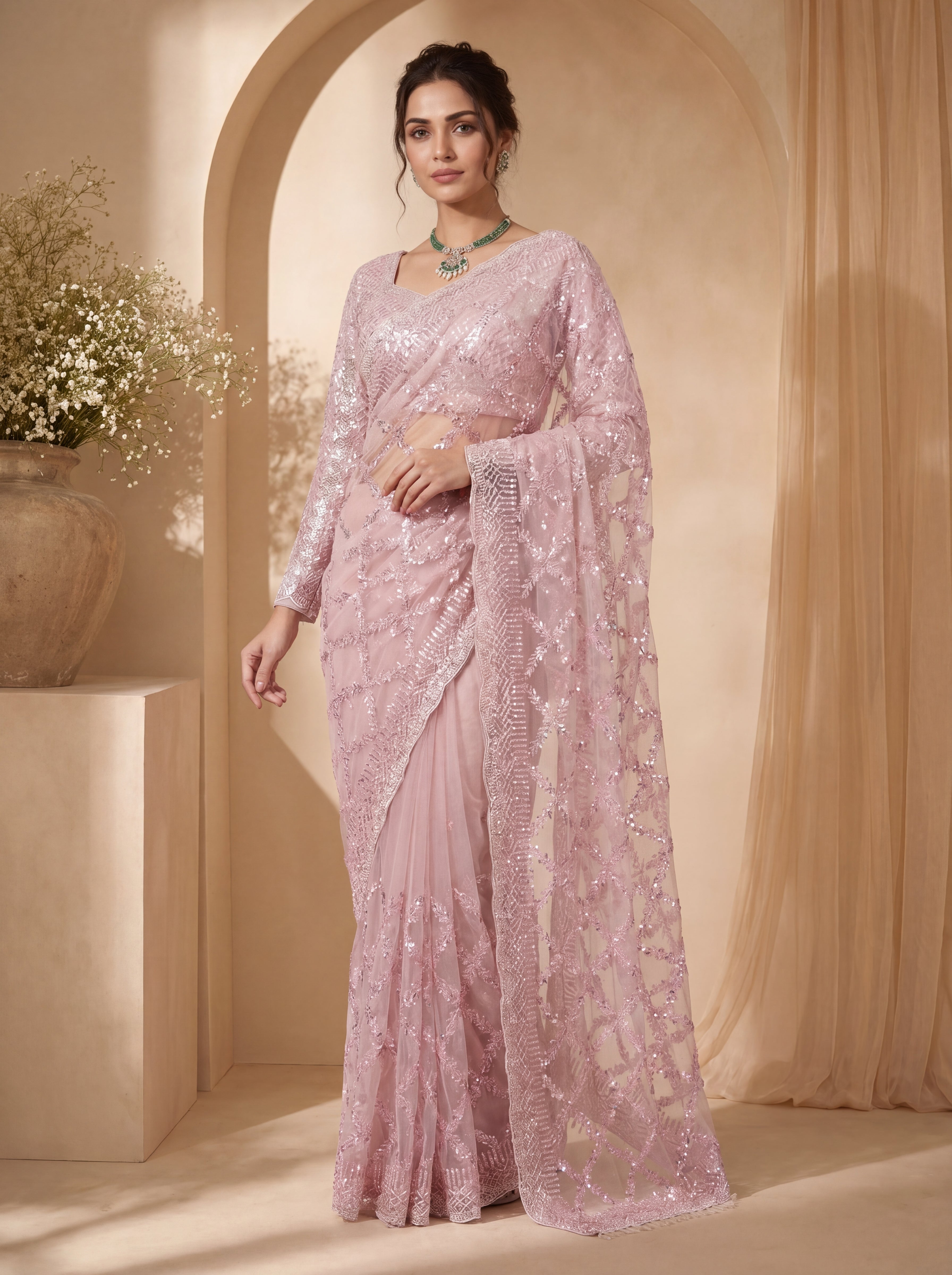 Royal Pink Net Saree with Shimmering Sequin Embroidery