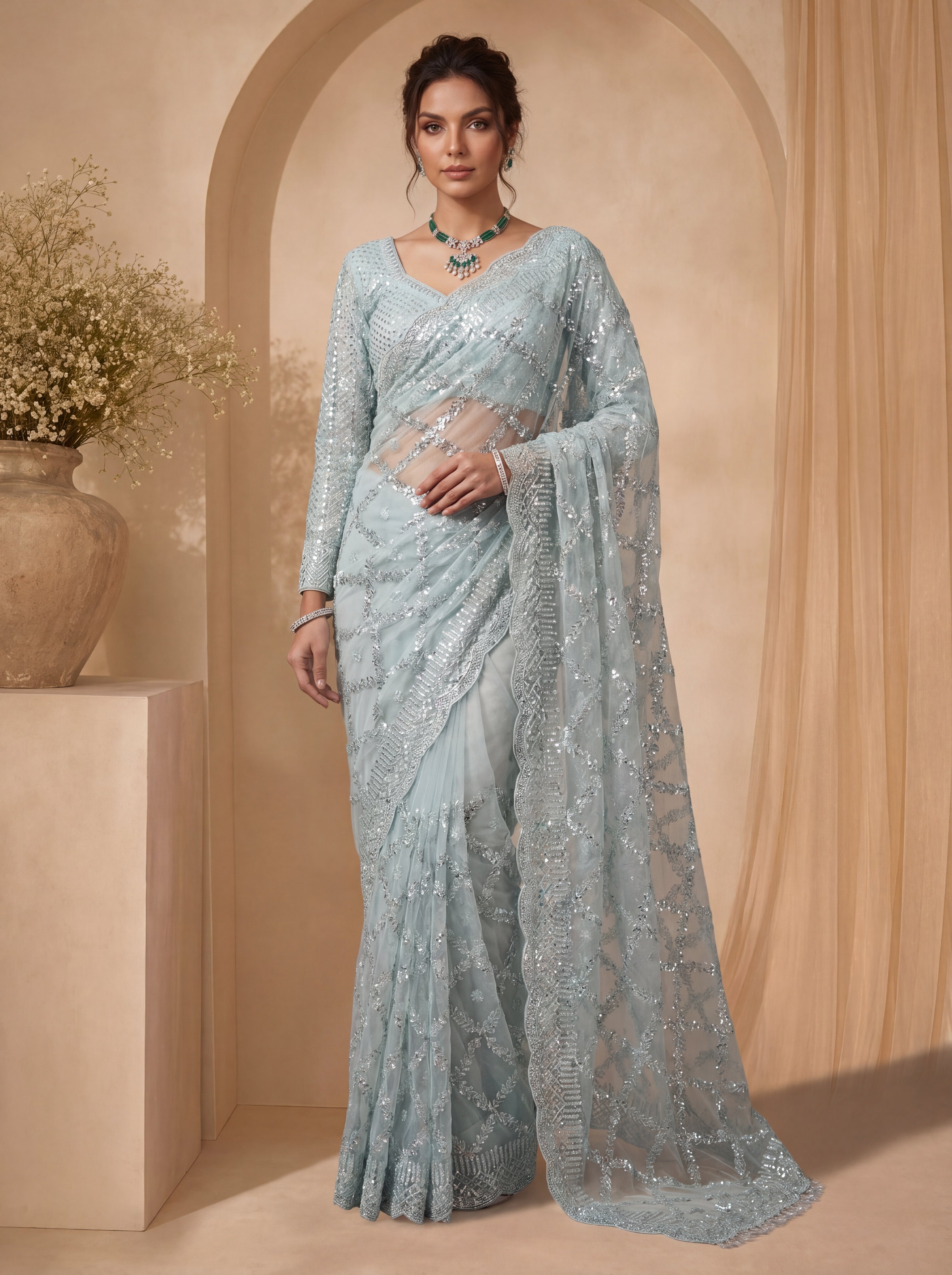 Royal Firozi Net Saree with Shimmering Sequin Embroidery