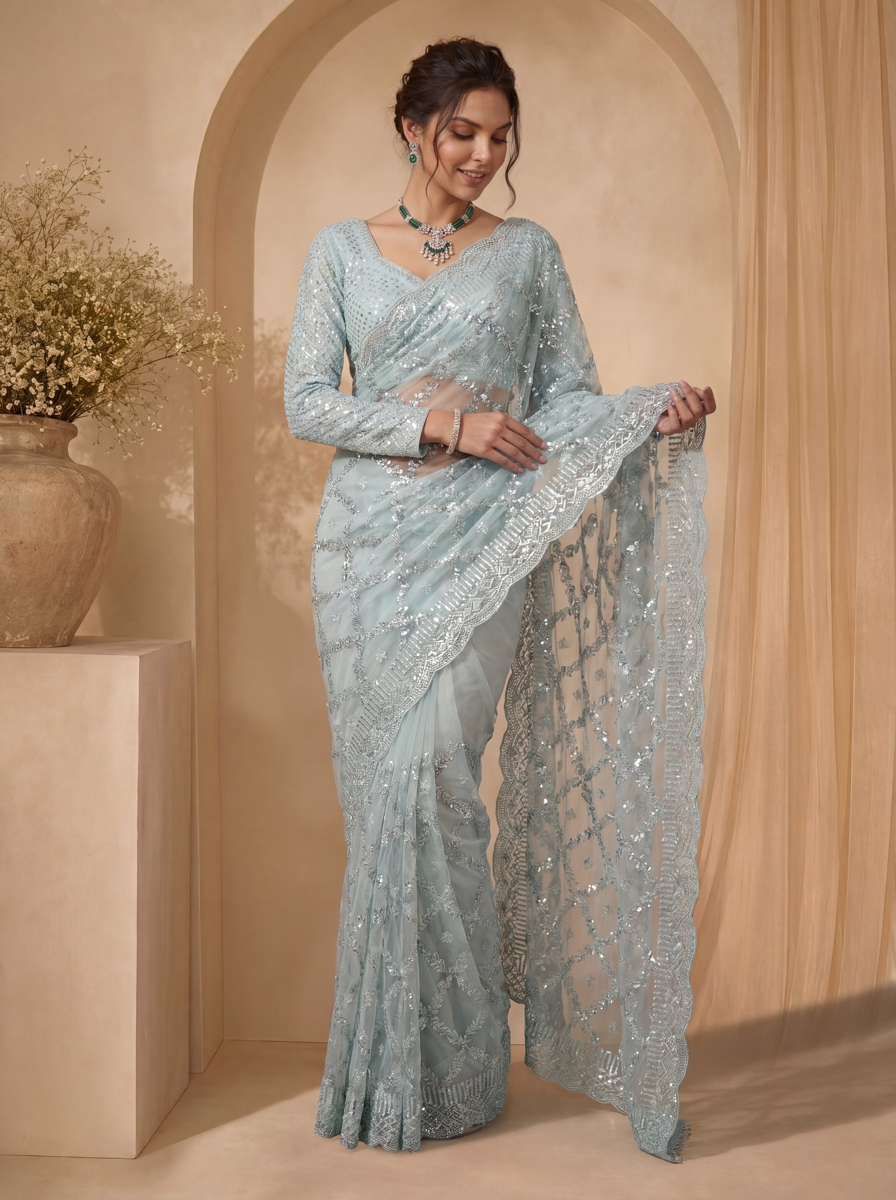 Royal Firozi Net Saree with Shimmering Sequin Embroidery