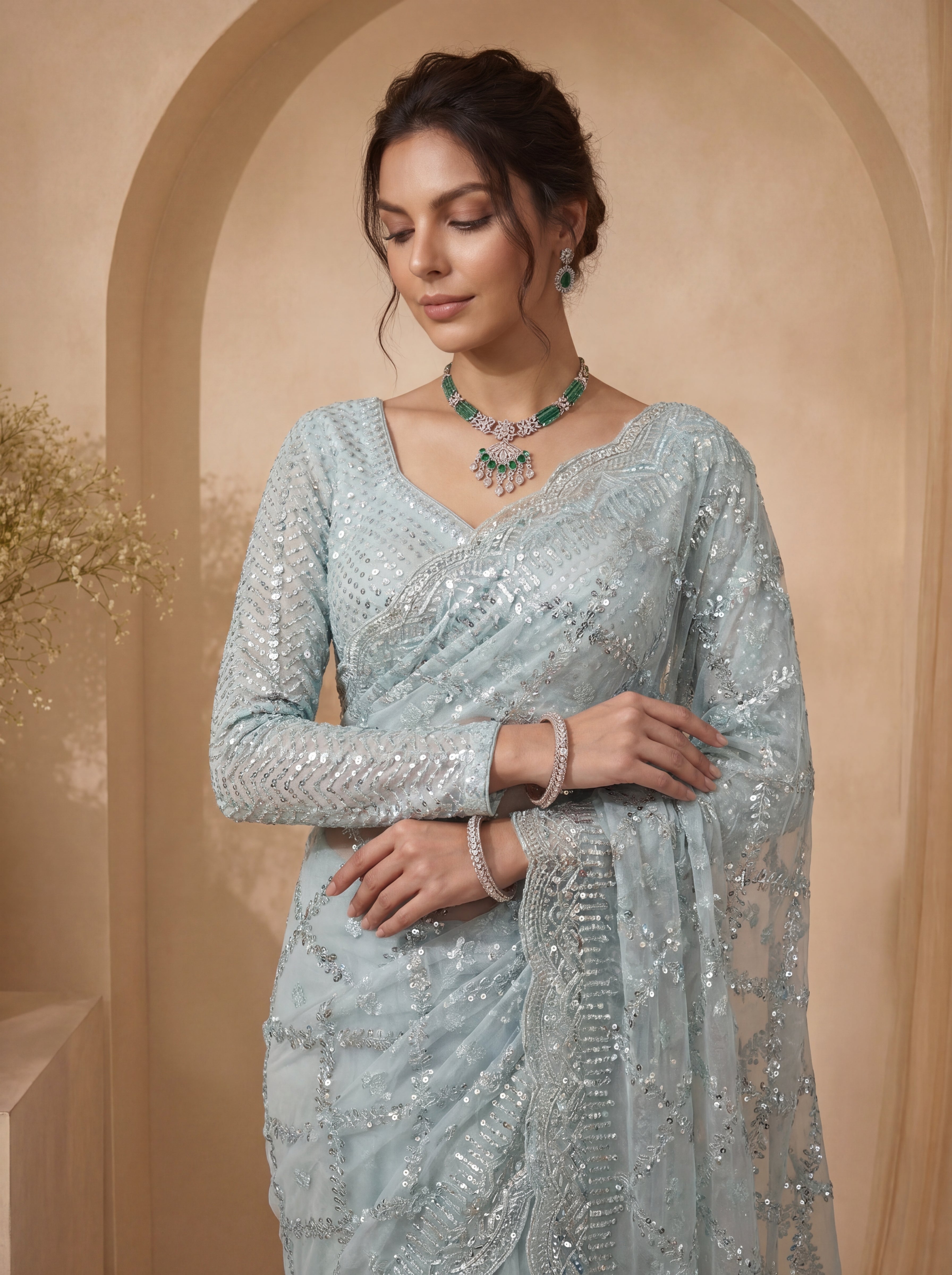 Royal Firozi Net Saree with Shimmering Sequin Embroidery
