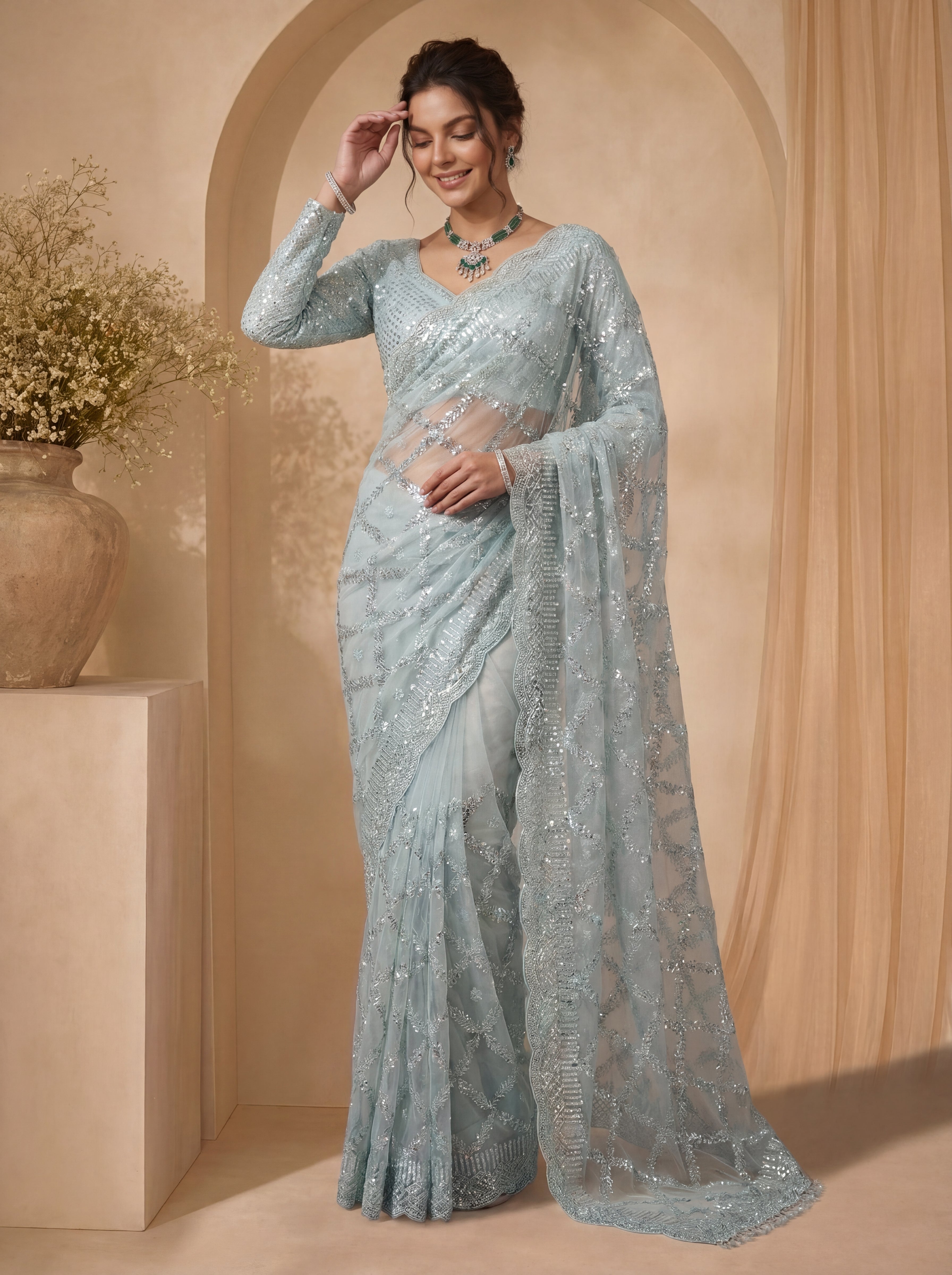 Royal Firozi Net Saree with Shimmering Sequin Embroidery