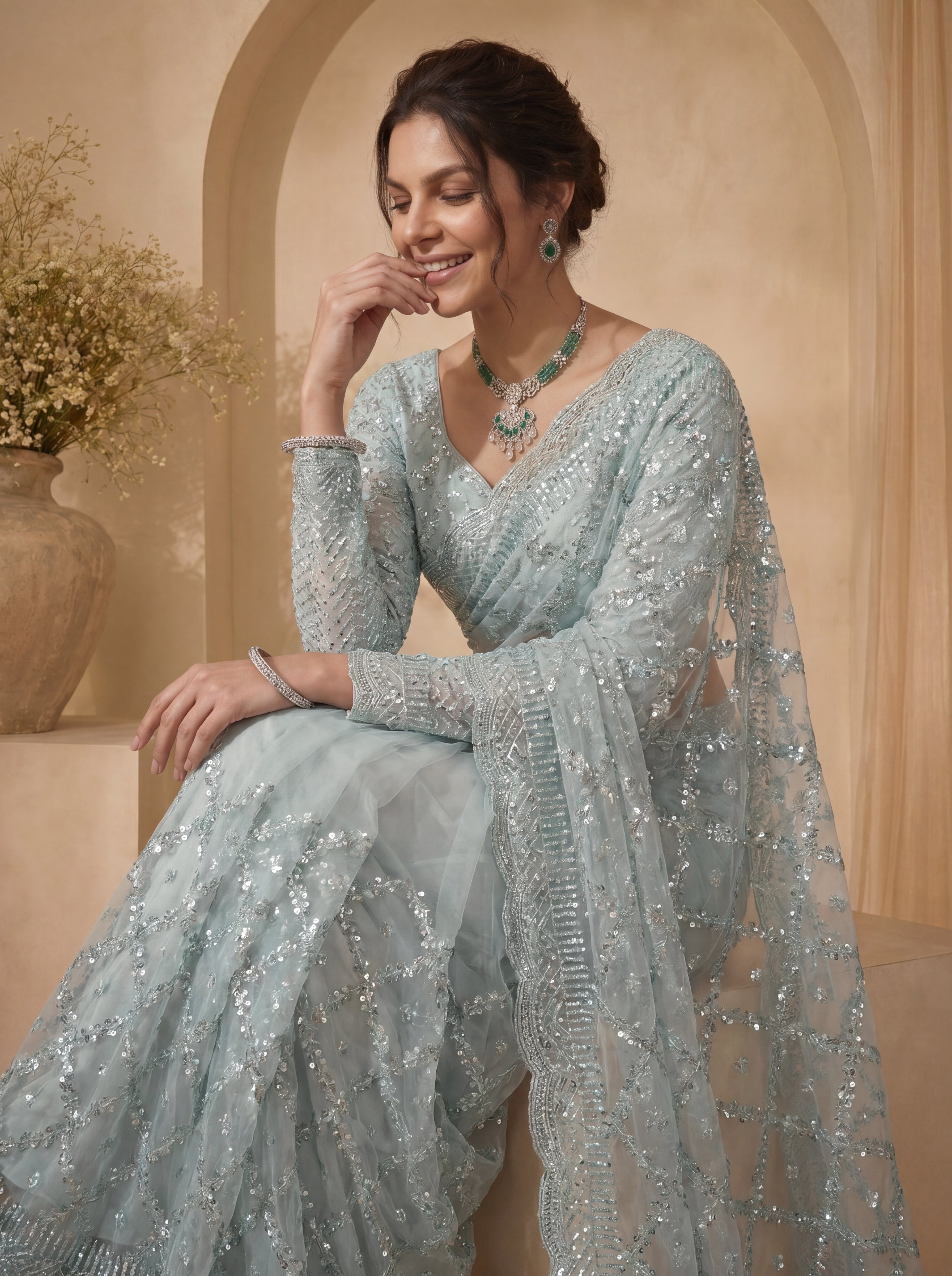 Royal Firozi Net Saree with Shimmering Sequin Embroidery