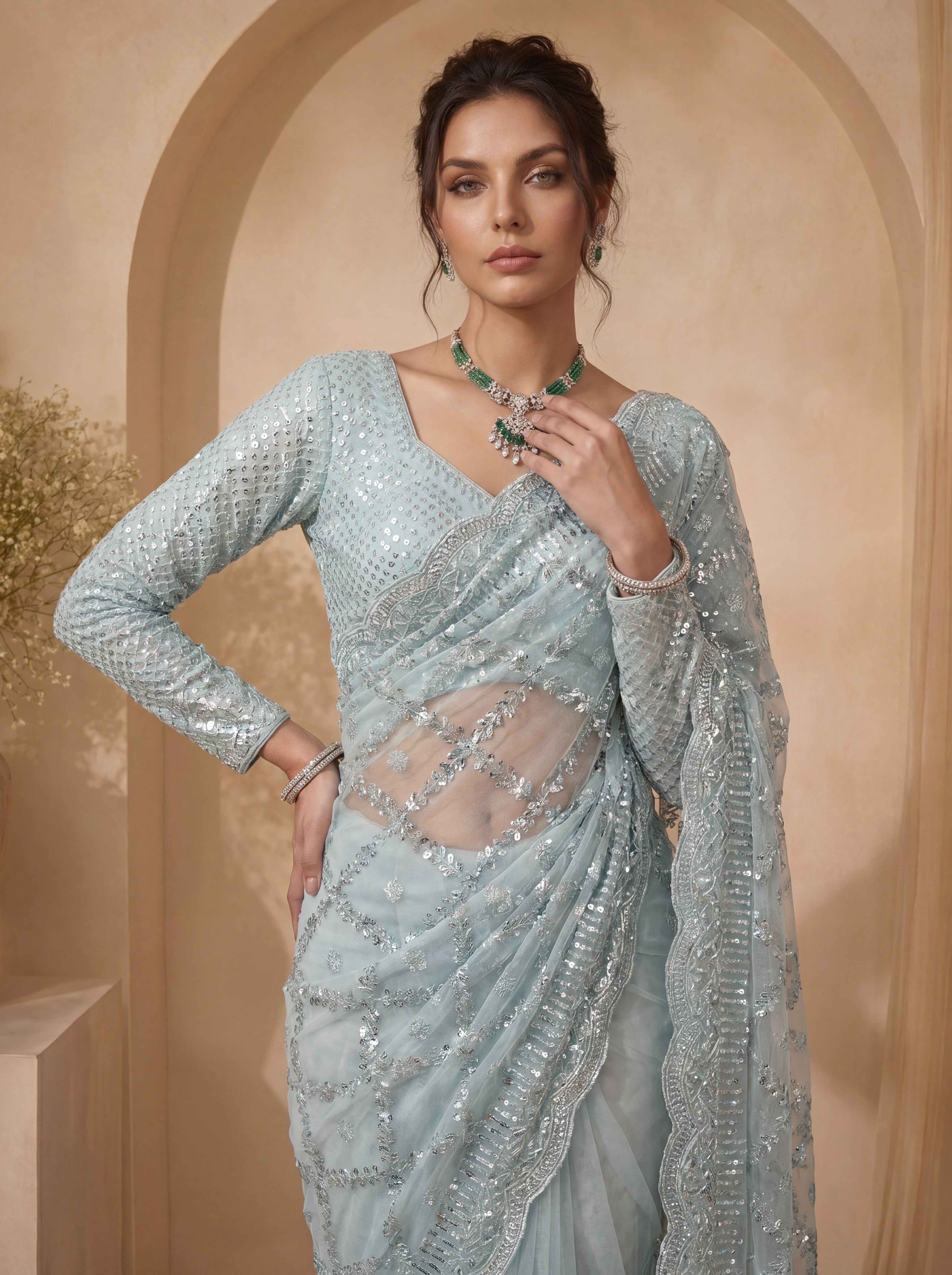 Royal Firozi Net Saree with Shimmering Sequin Embroidery