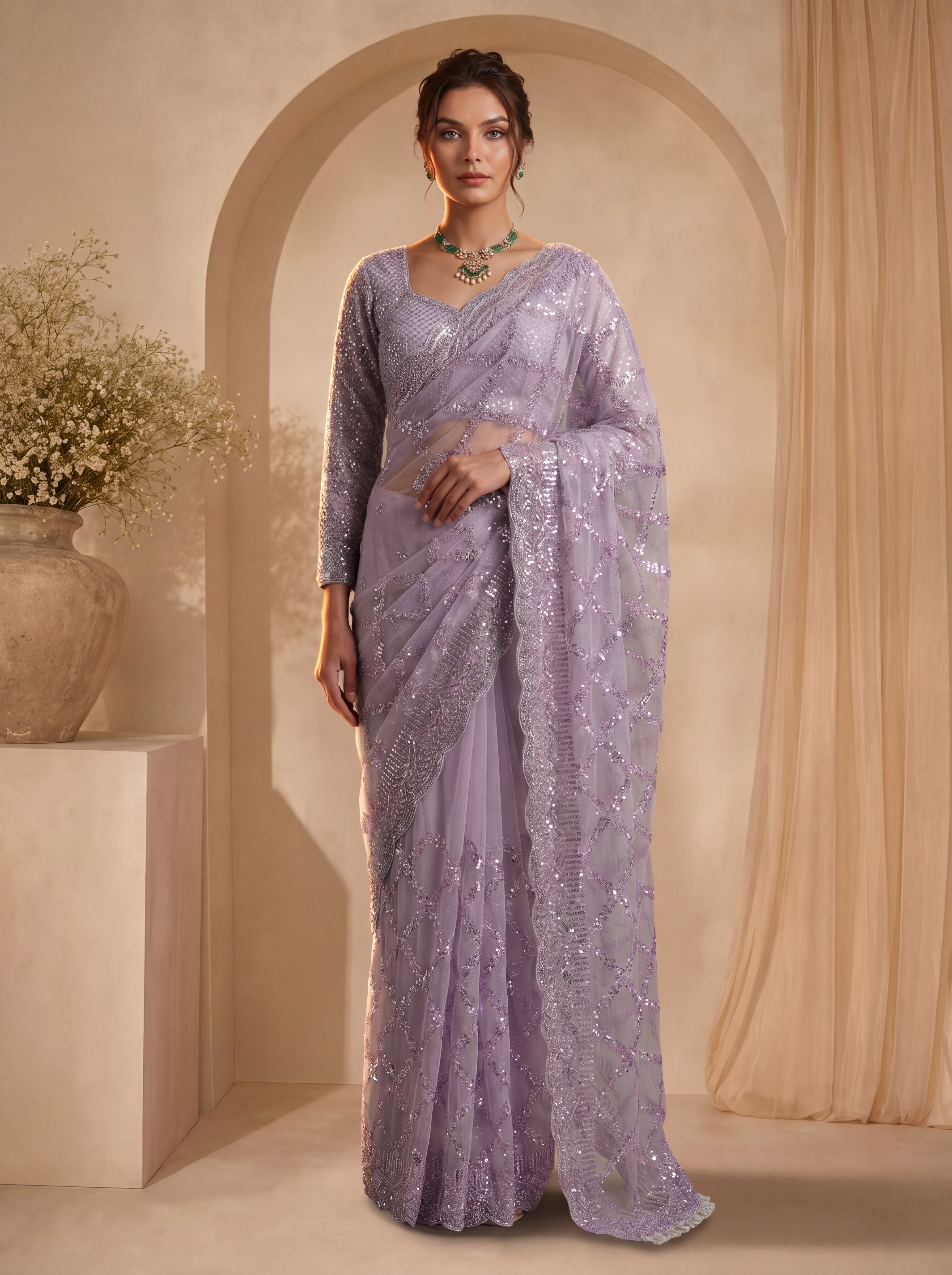 Royal Lavender Net Saree with Shimmering Sequin Embroidery
