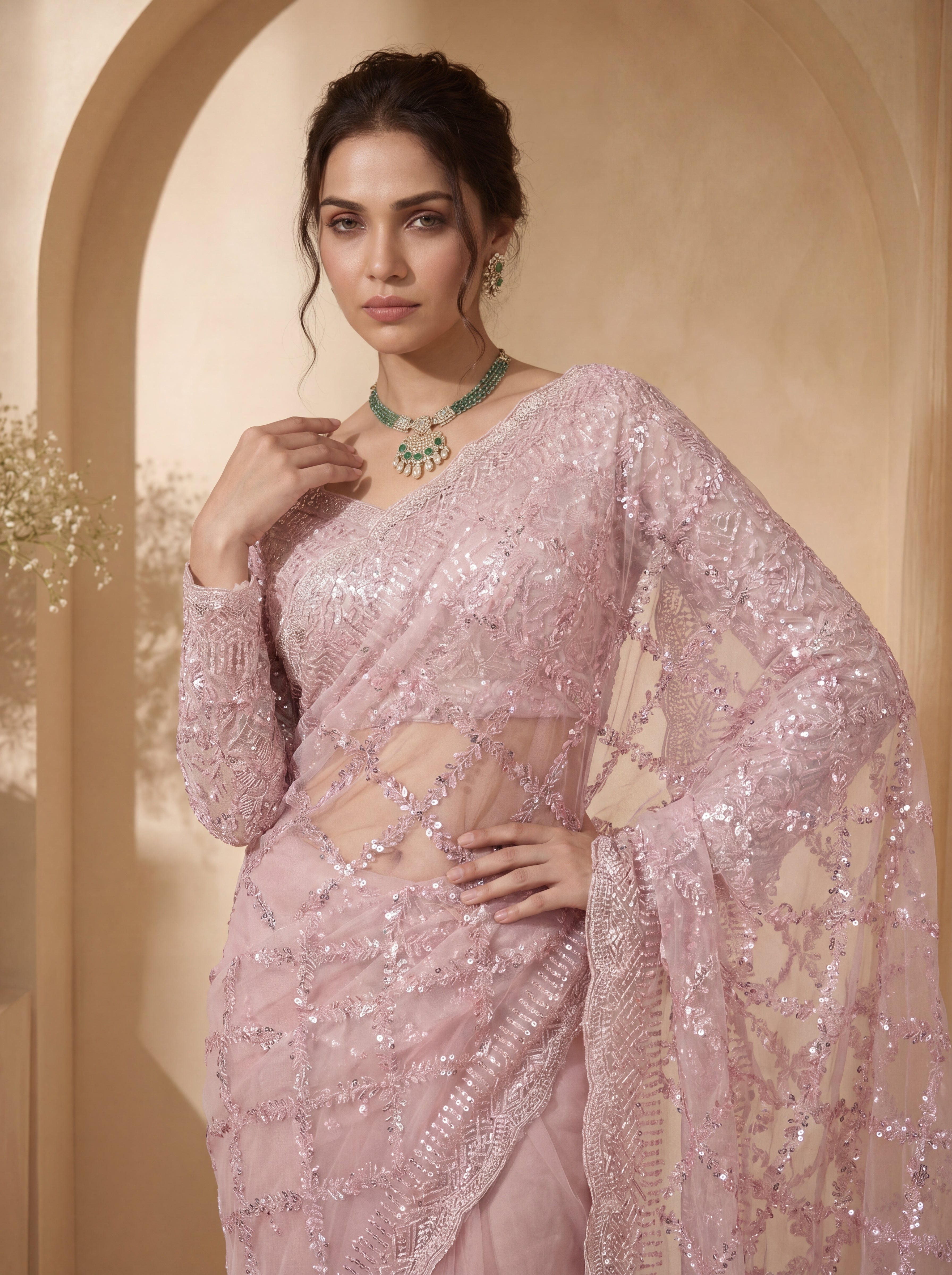 Royal Pink Net Saree with Shimmering Sequin Embroidery