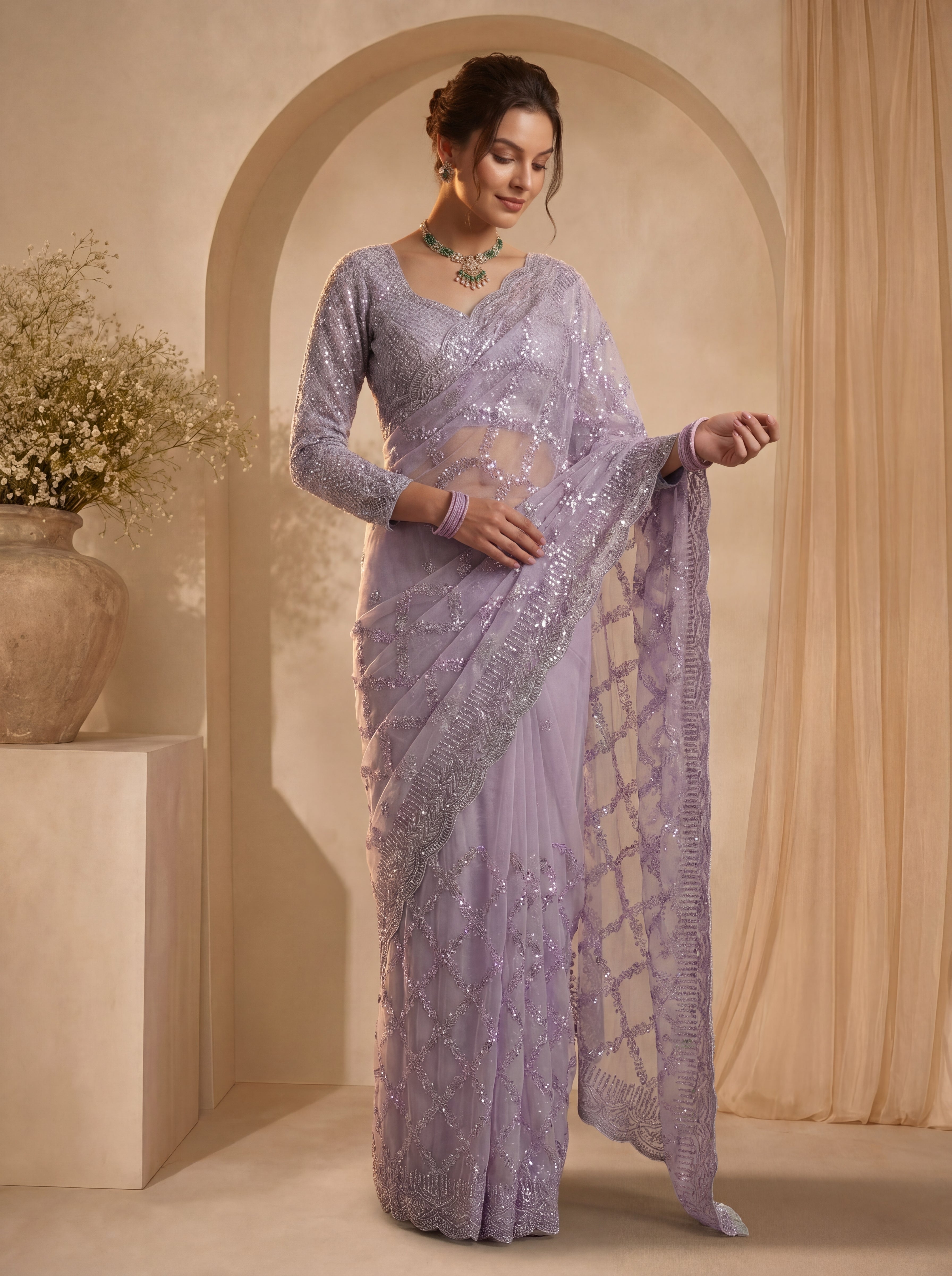 Royal Lavender Net Saree with Shimmering Sequin Embroidery