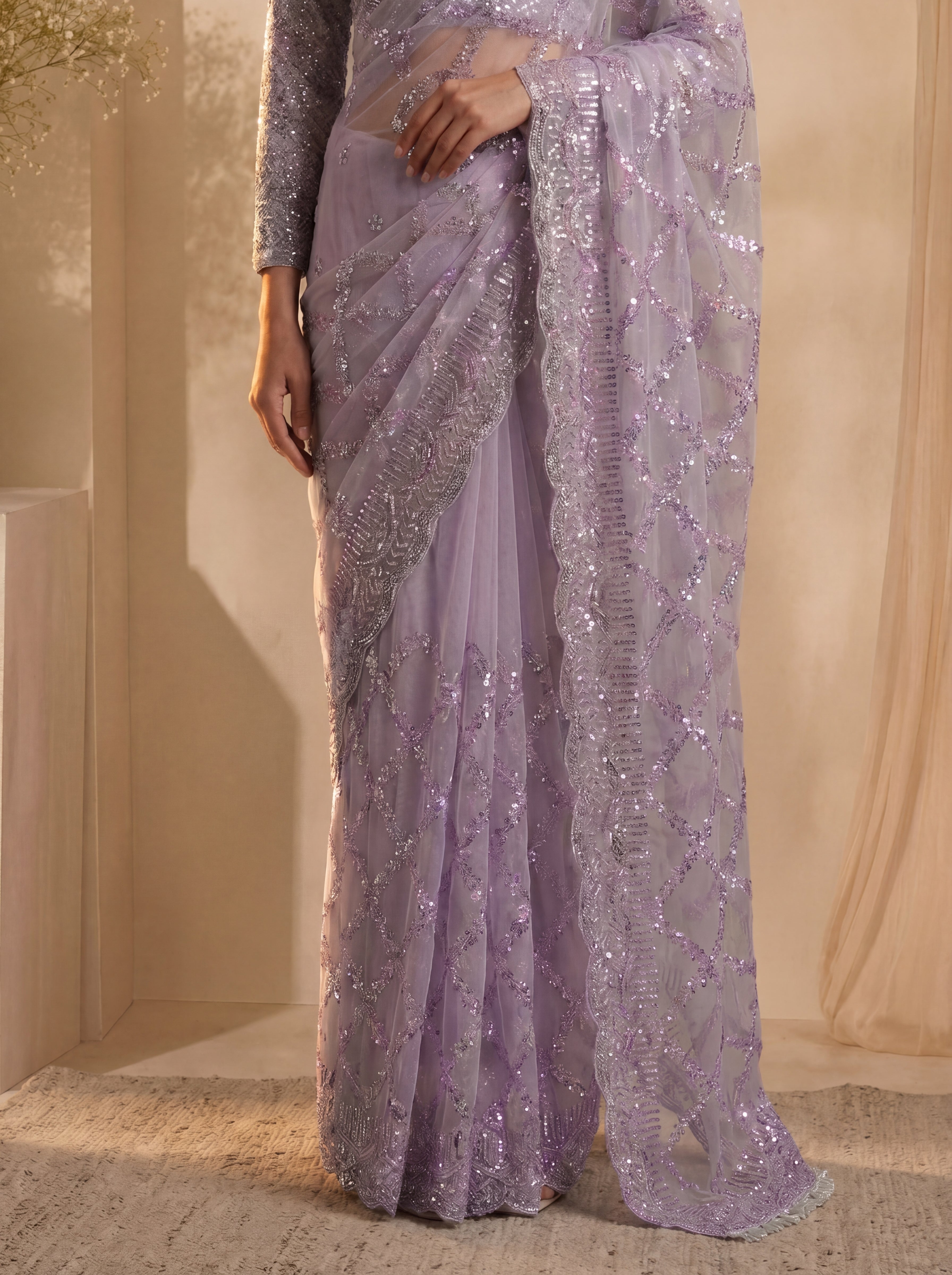 Royal Lavender Net Saree with Shimmering Sequin Embroidery