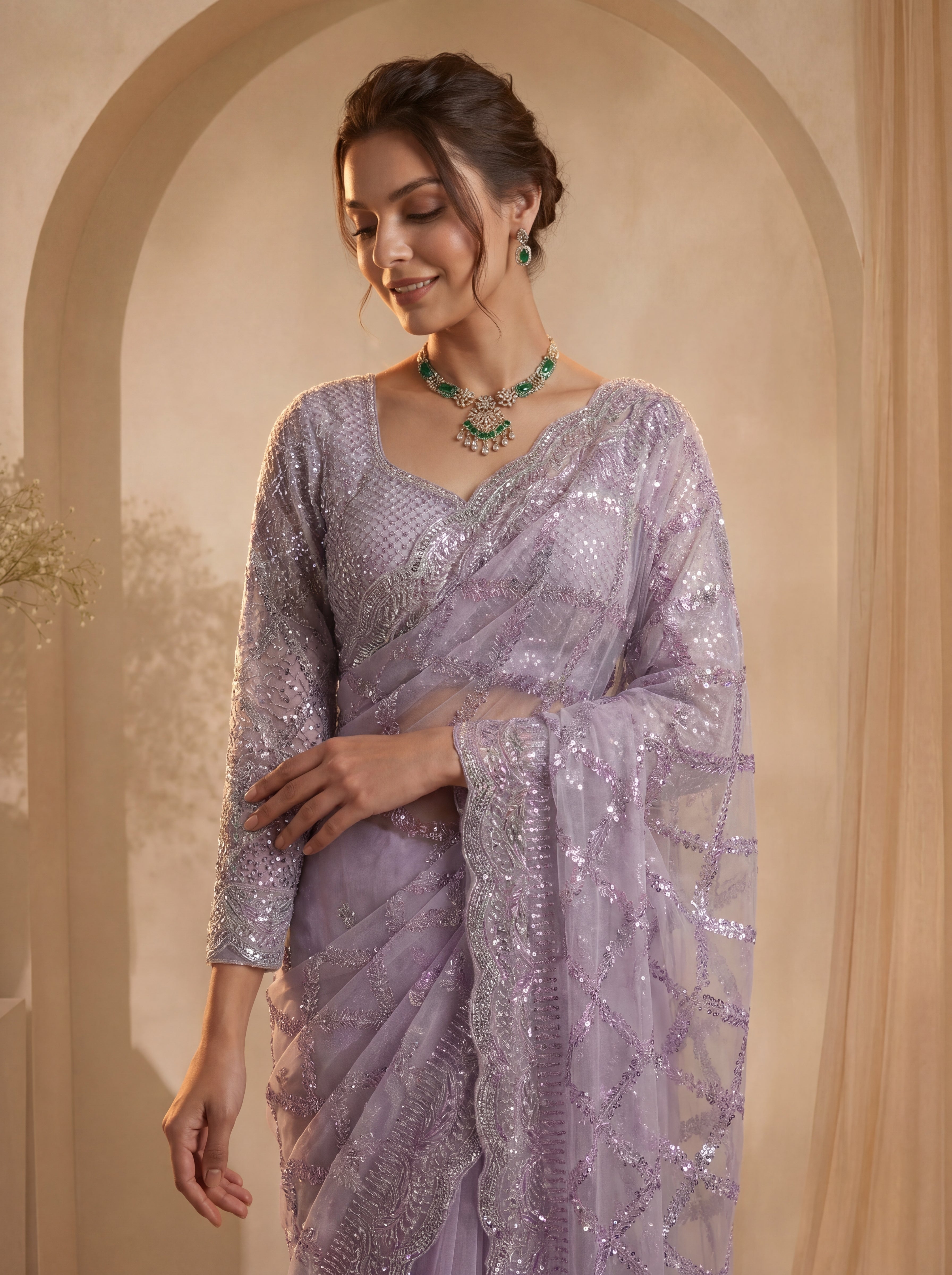 Royal Lavender Net Saree with Shimmering Sequin Embroidery