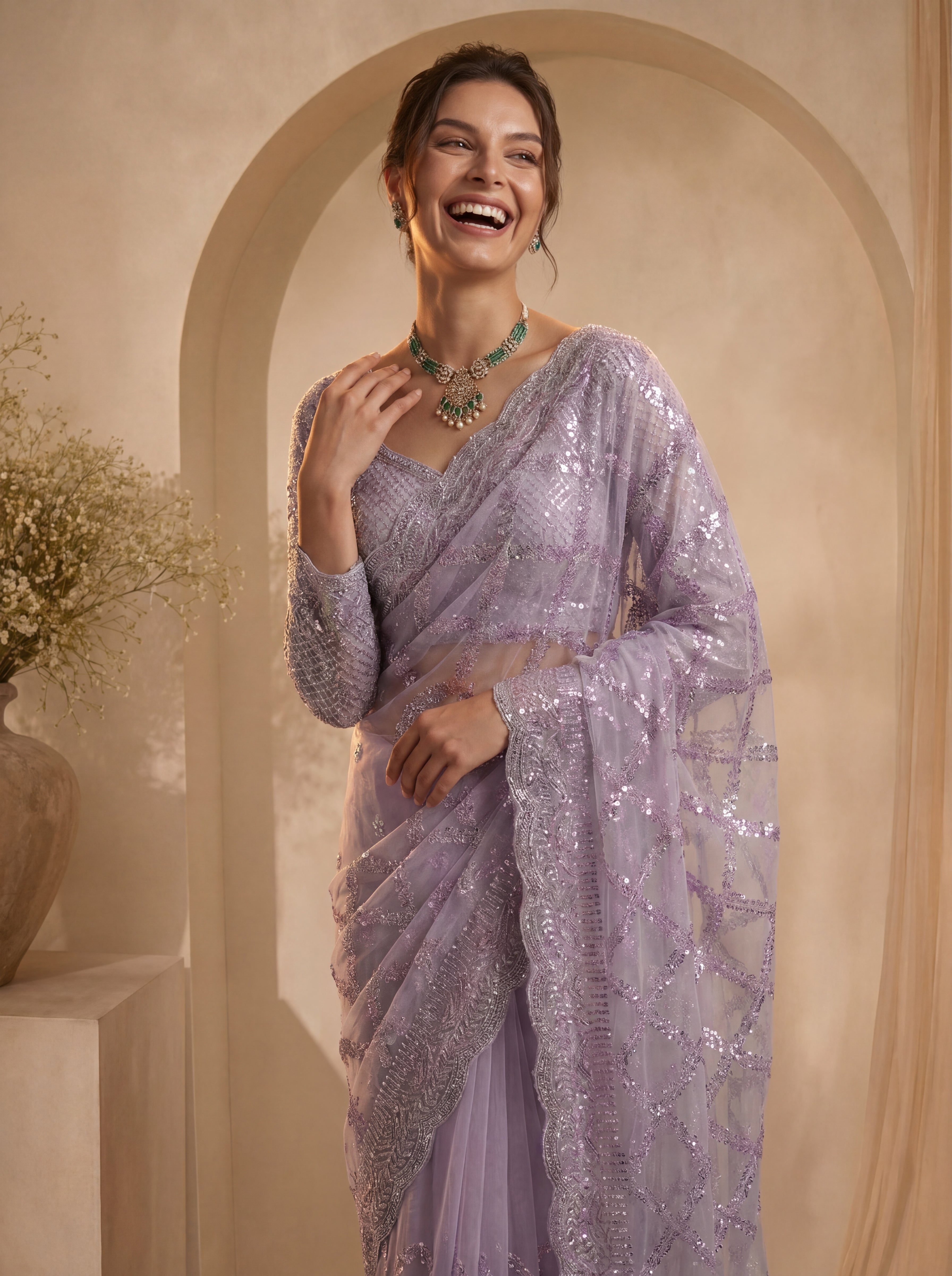 Royal Lavender Net Saree with Shimmering Sequin Embroidery