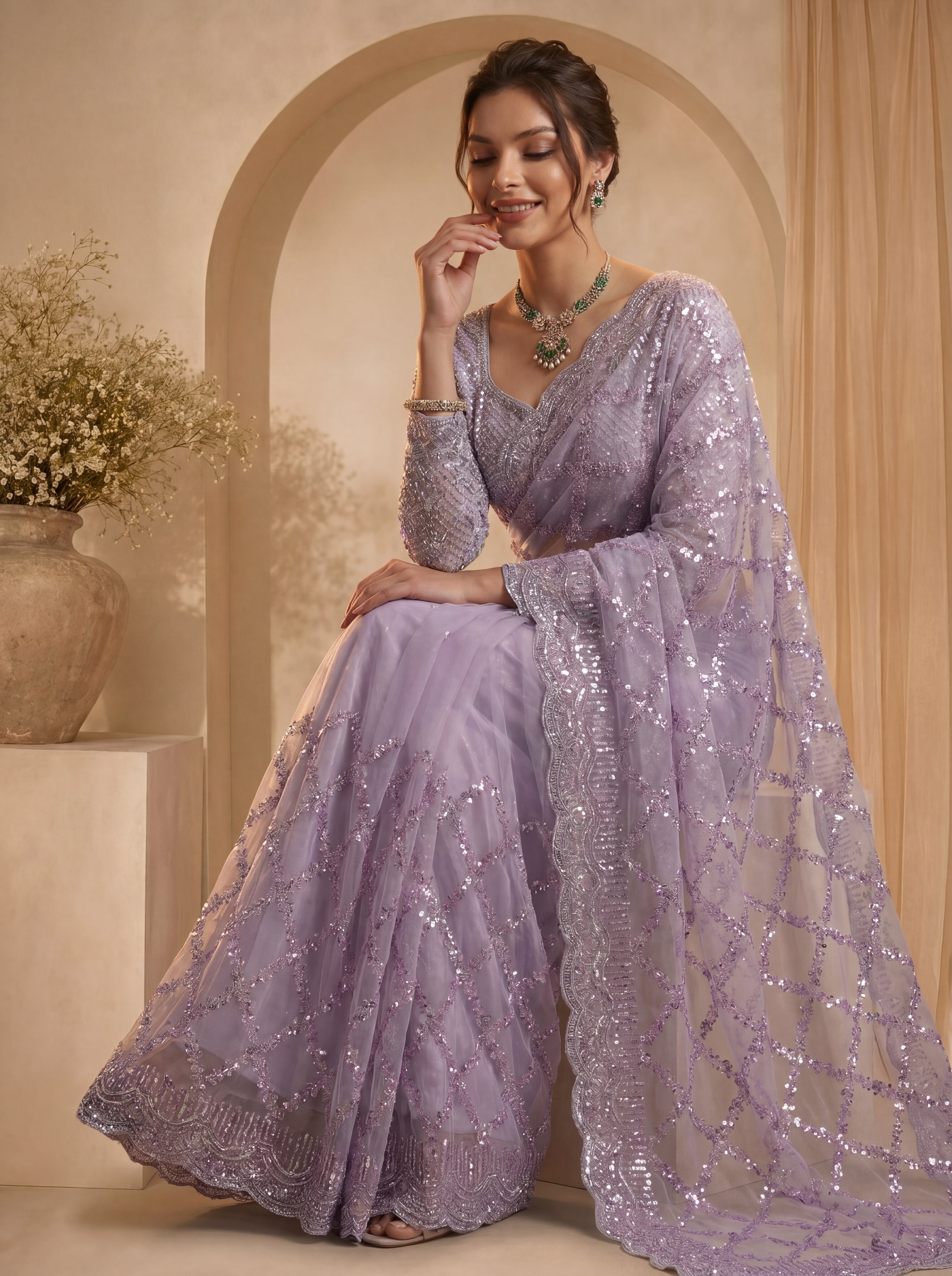 Royal Lavender Net Saree with Shimmering Sequin Embroidery
