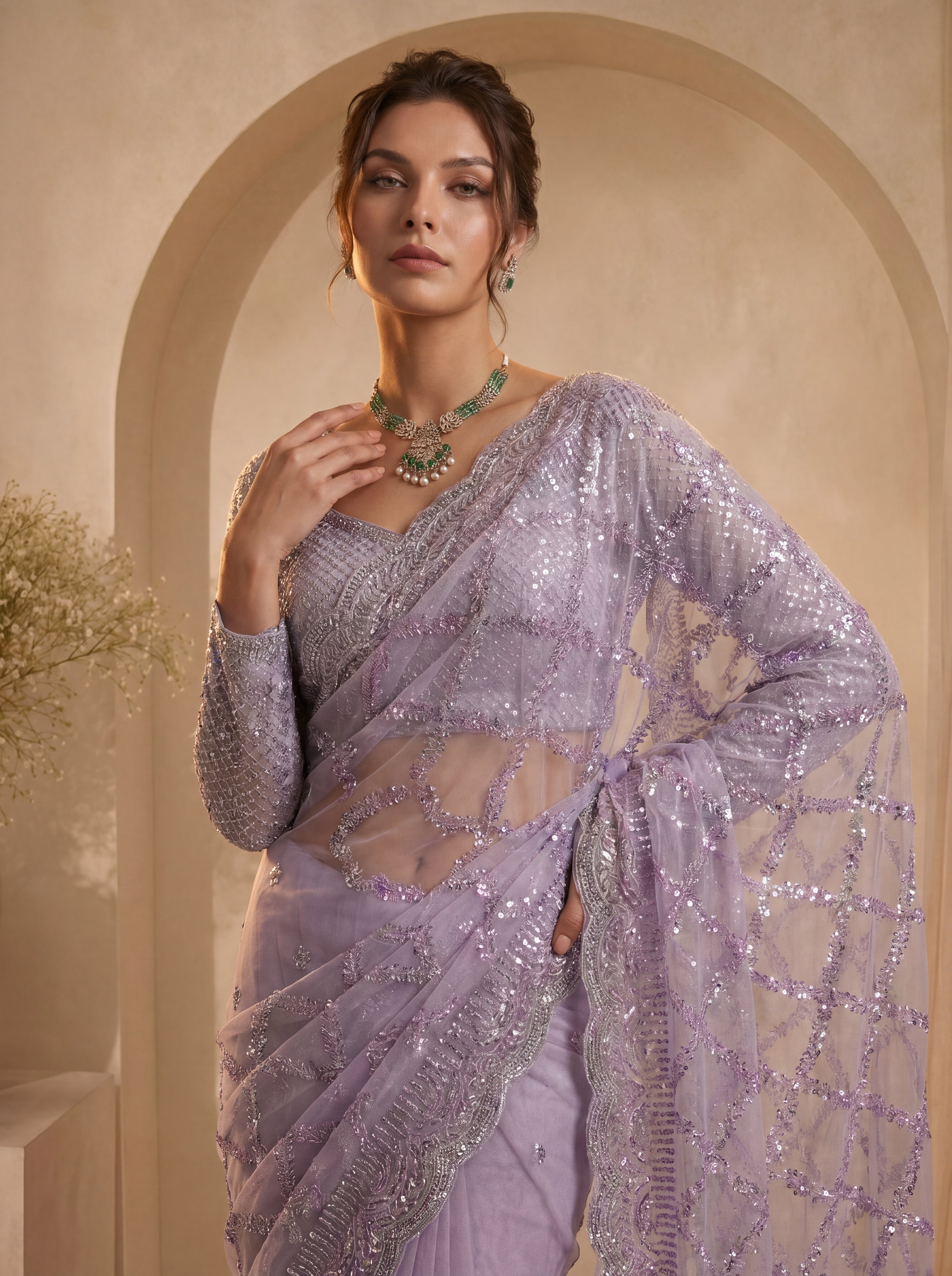 Royal Lavender Net Saree with Shimmering Sequin Embroidery