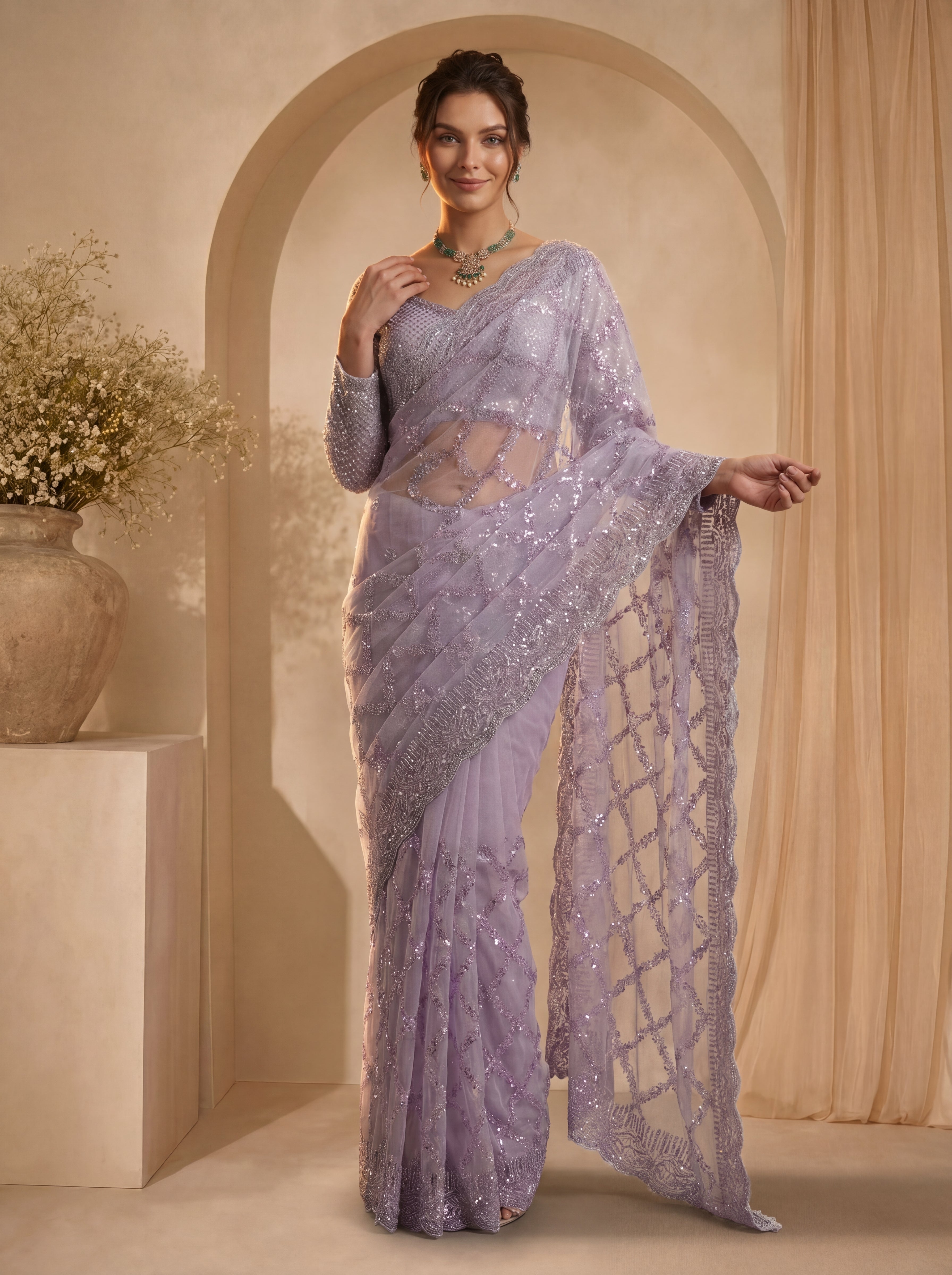 Royal Lavender Net Saree with Shimmering Sequin Embroidery
