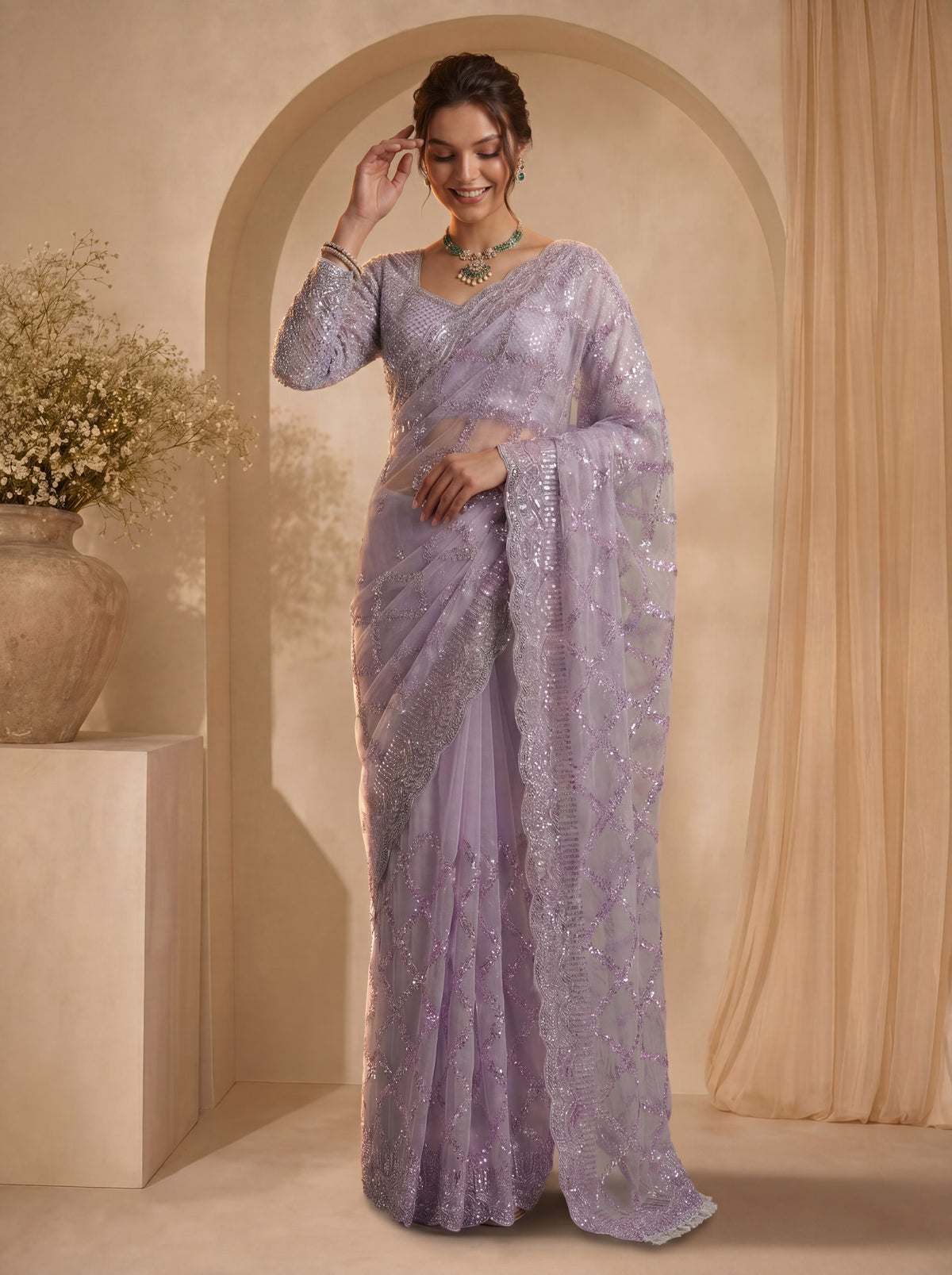 Royal Lavender Net Saree with Shimmering Sequin Embroidery