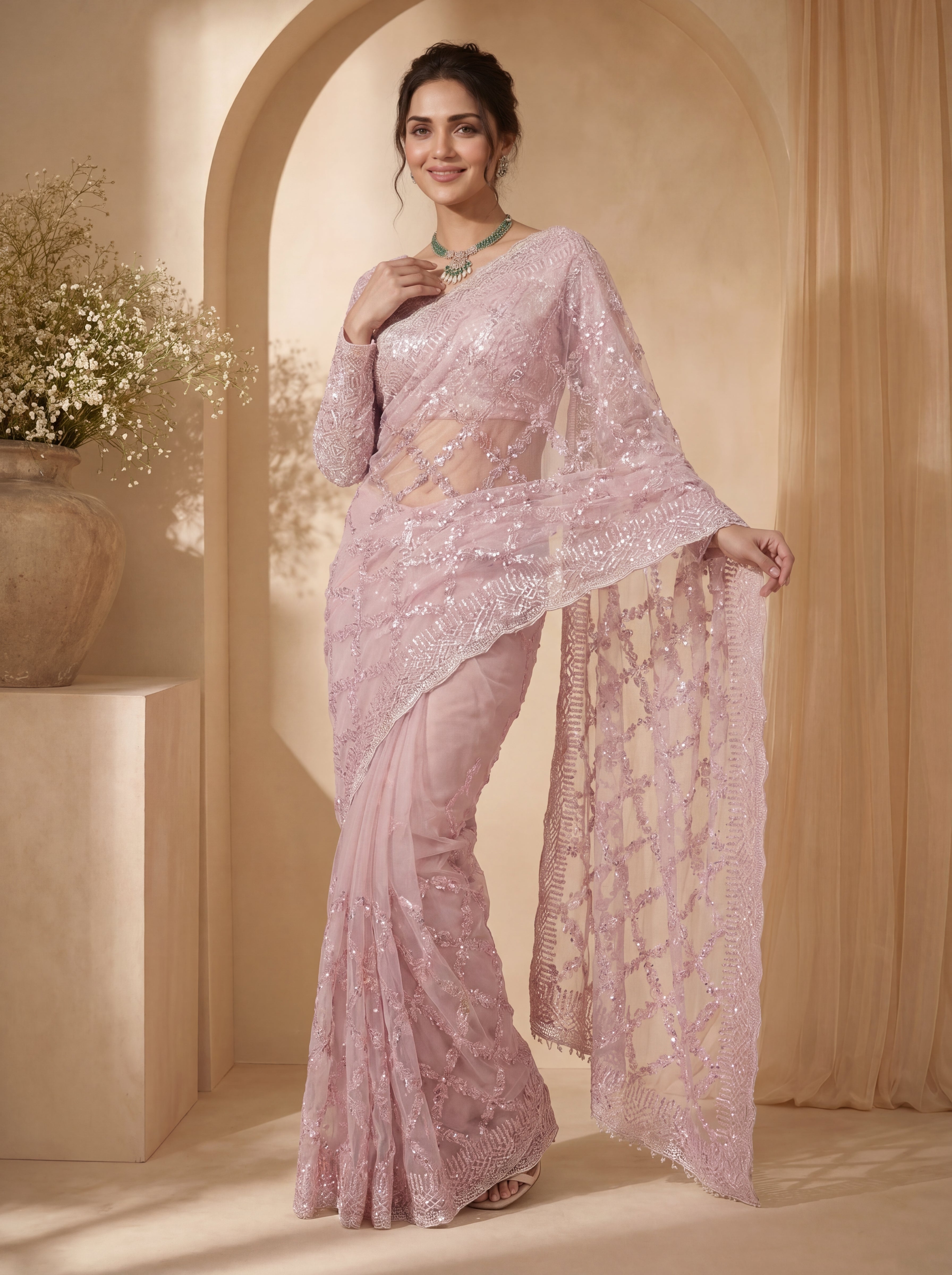 Royal Pink Net Saree with Shimmering Sequin Embroidery