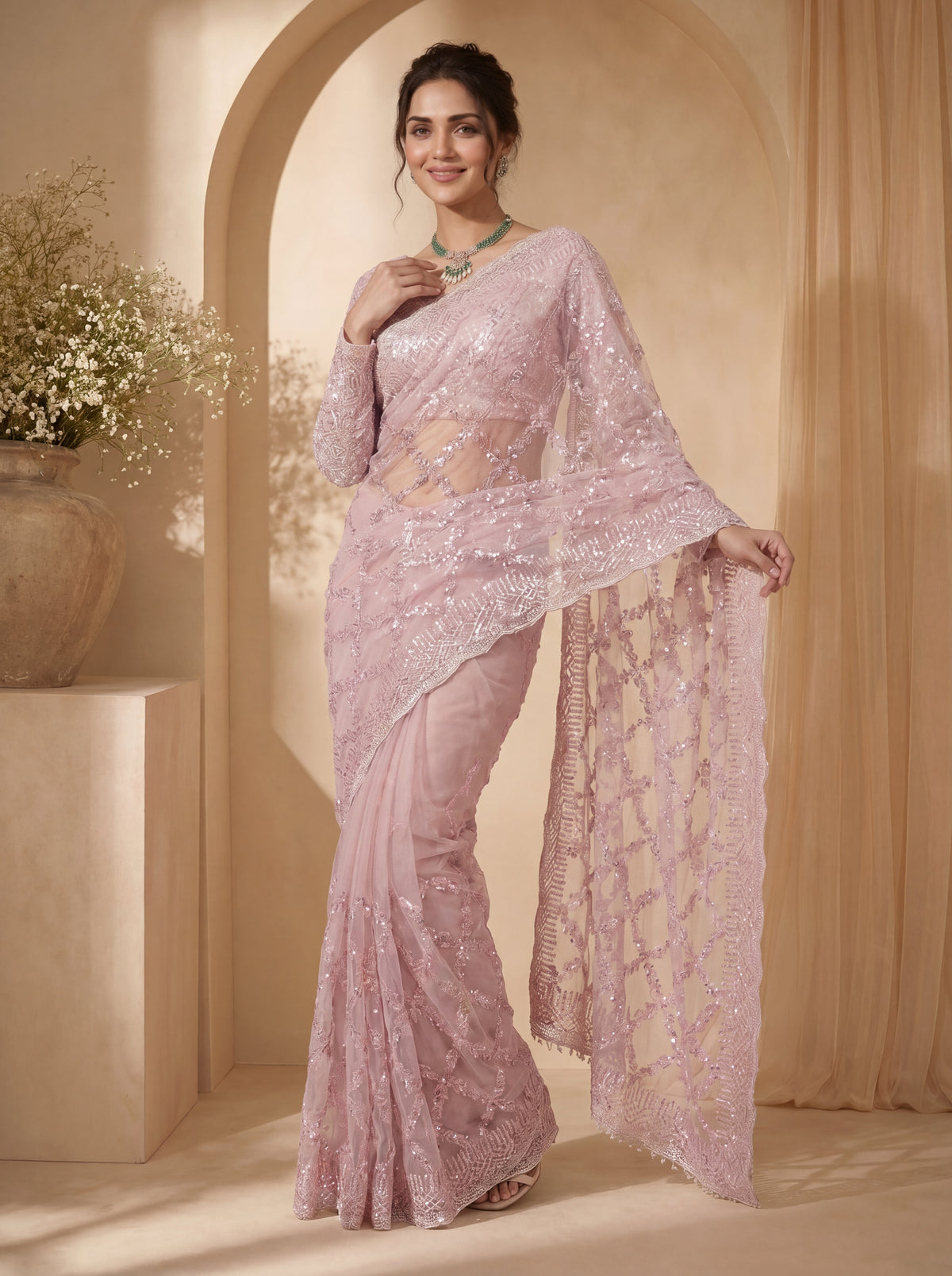 Royal Pink Net Saree with Shimmering Sequin Embroidery