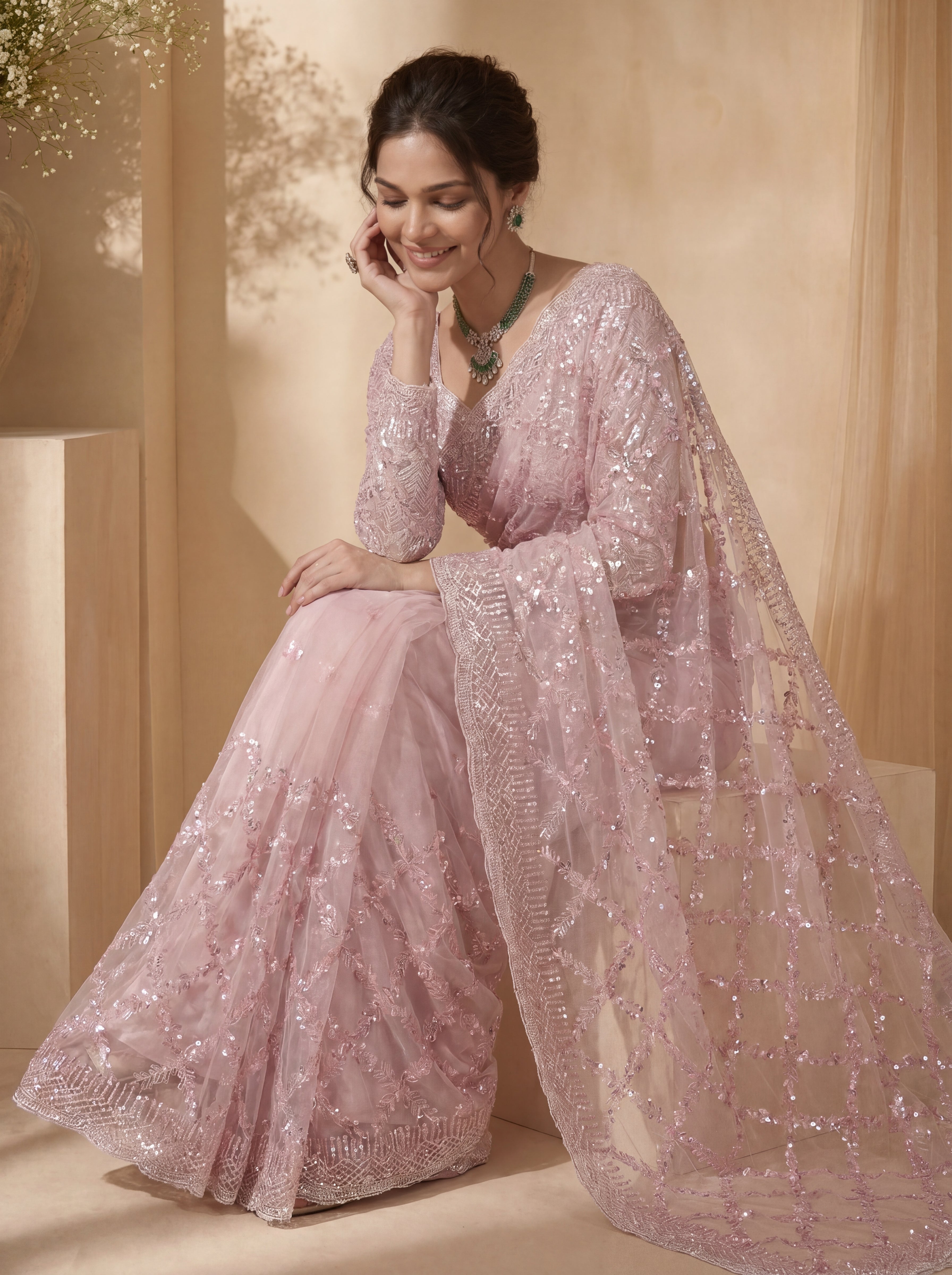 Royal Pink Net Saree with Shimmering Sequin Embroidery