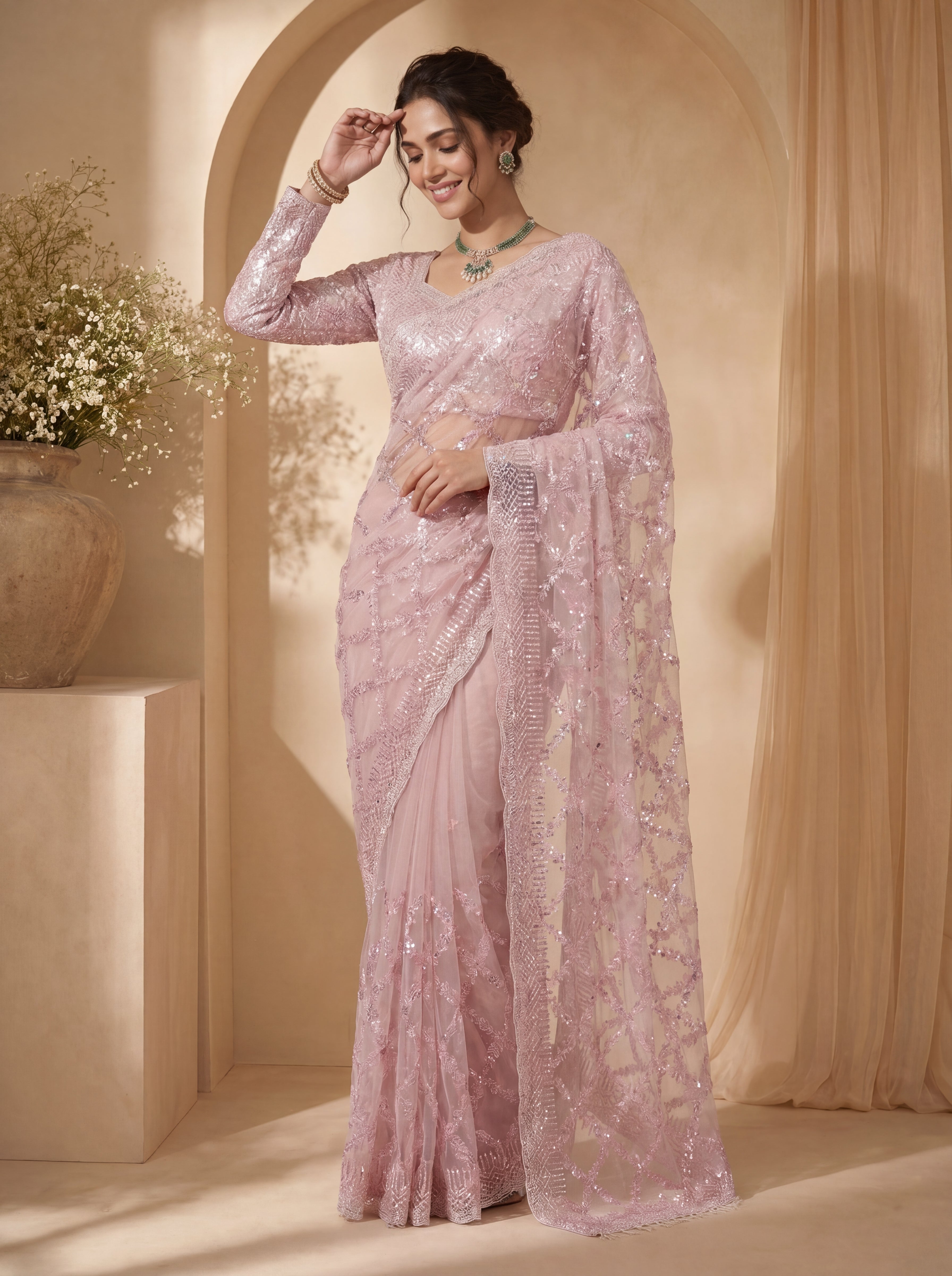 Royal Pink Net Saree with Shimmering Sequin Embroidery