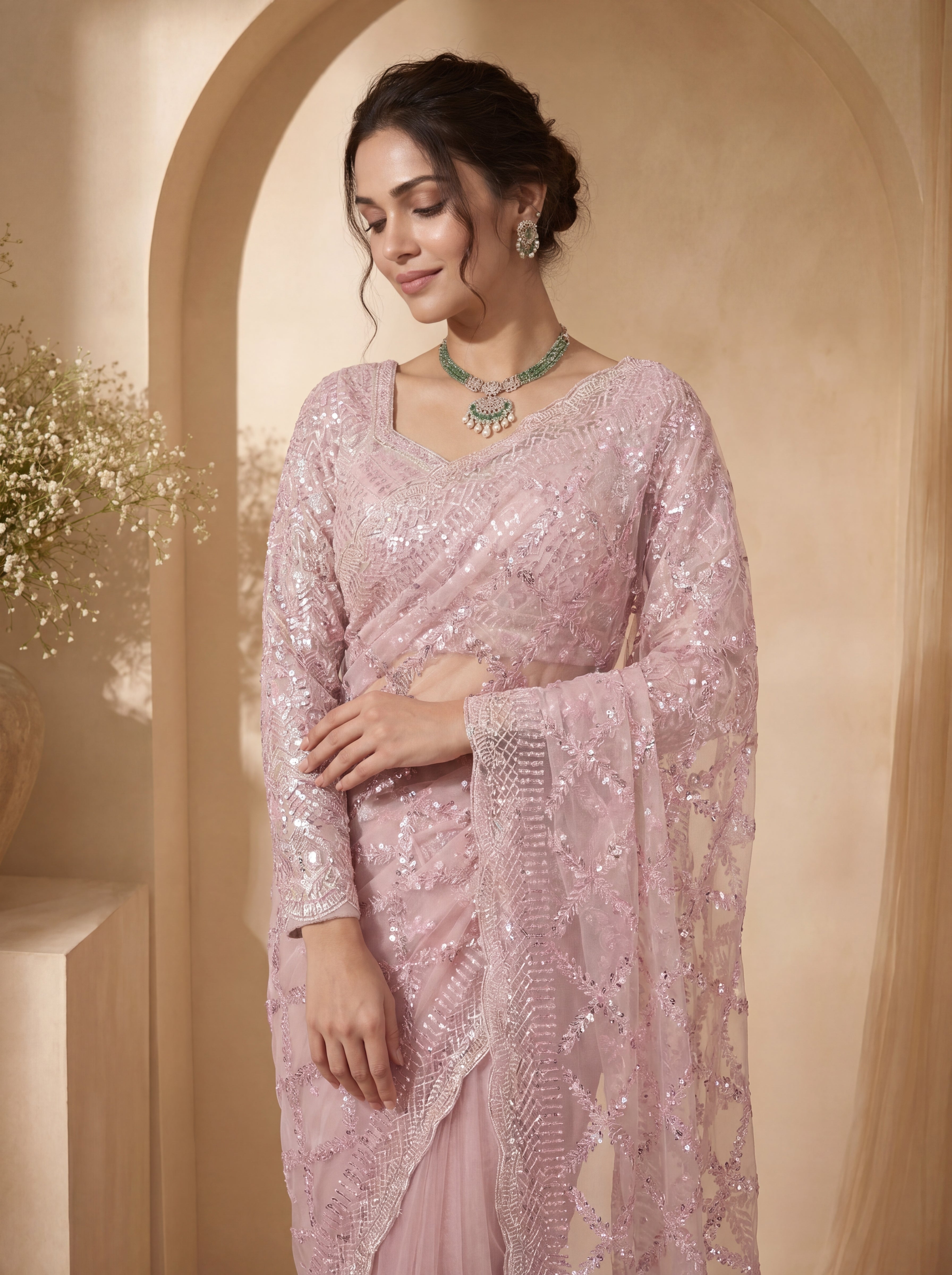 Royal Pink Net Saree with Shimmering Sequin Embroidery