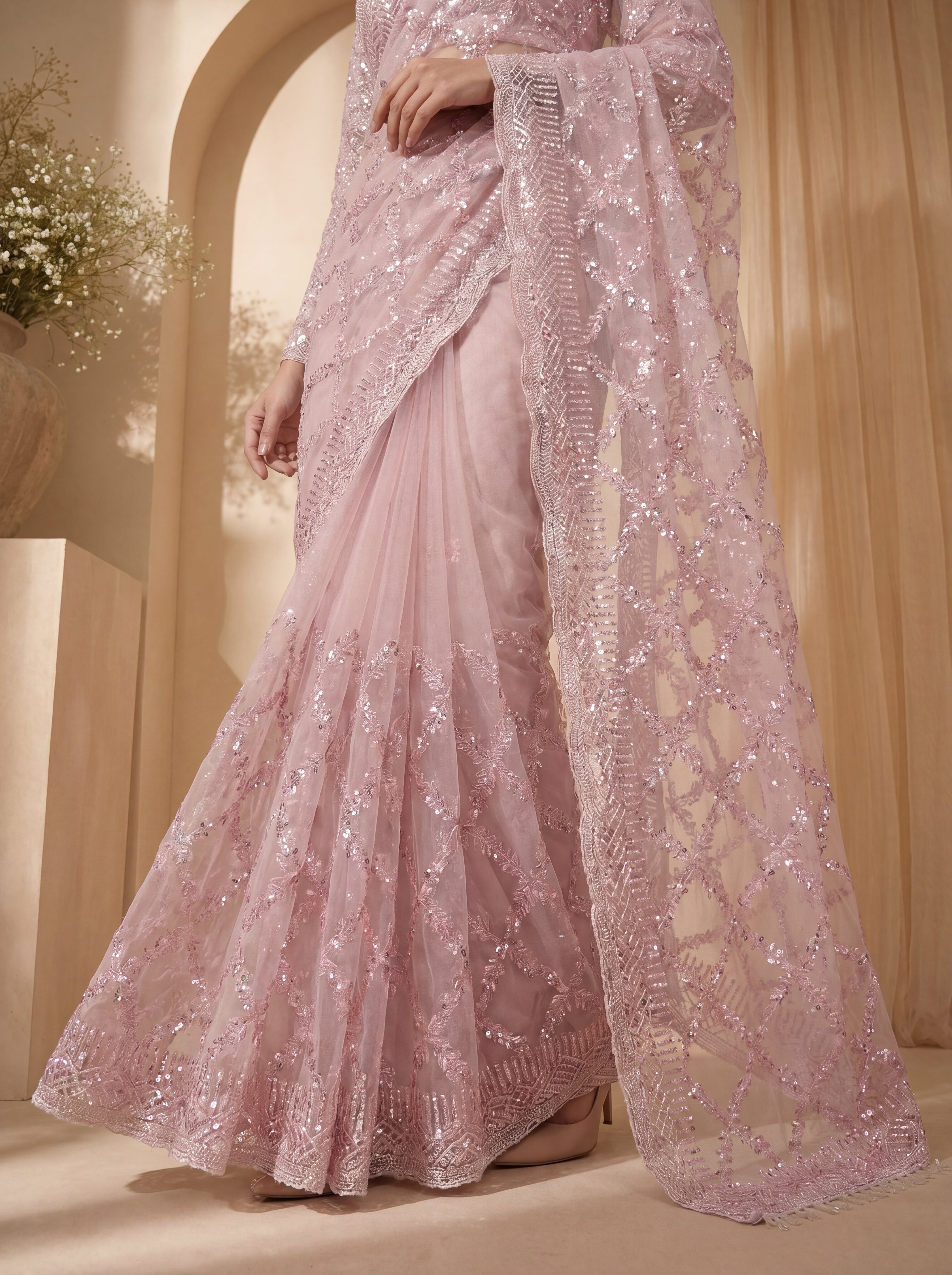 Royal Pink Net Saree with Shimmering Sequin Embroidery