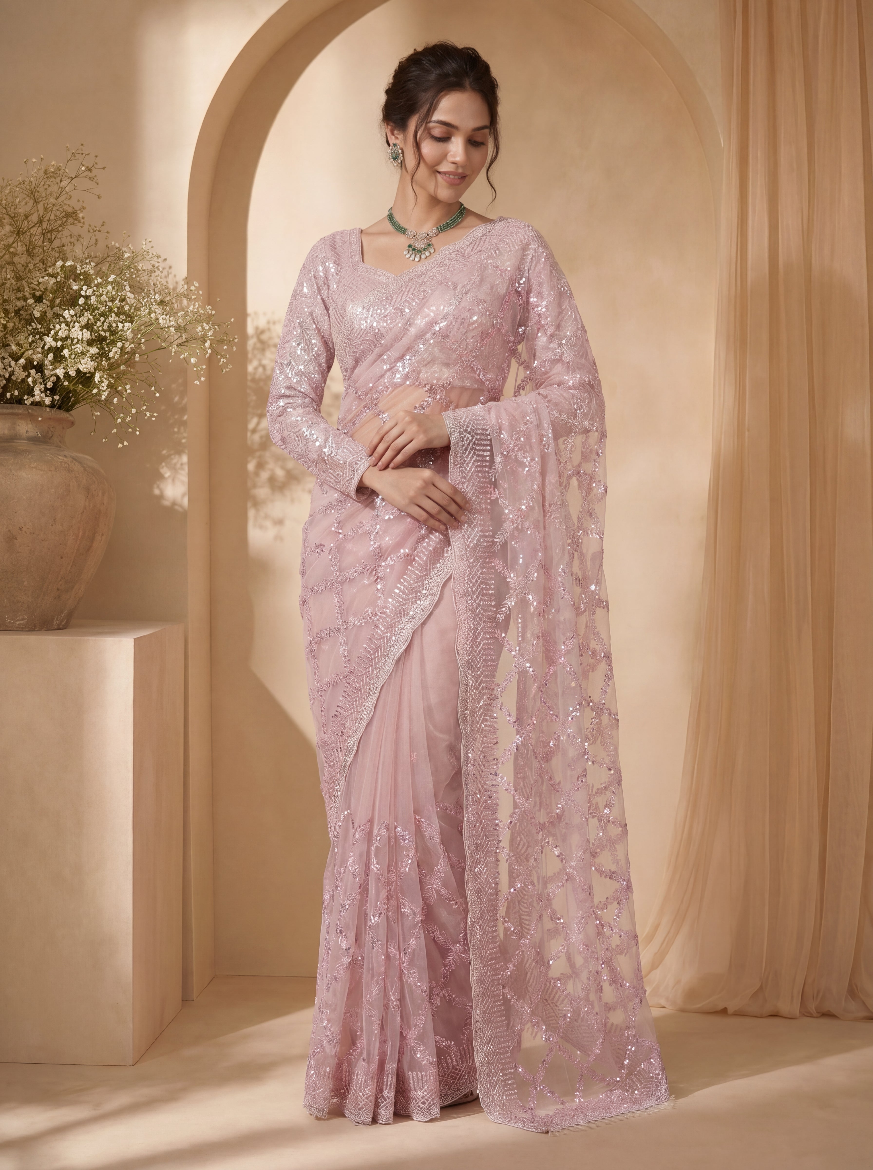 Royal Pink Net Saree with Shimmering Sequin Embroidery