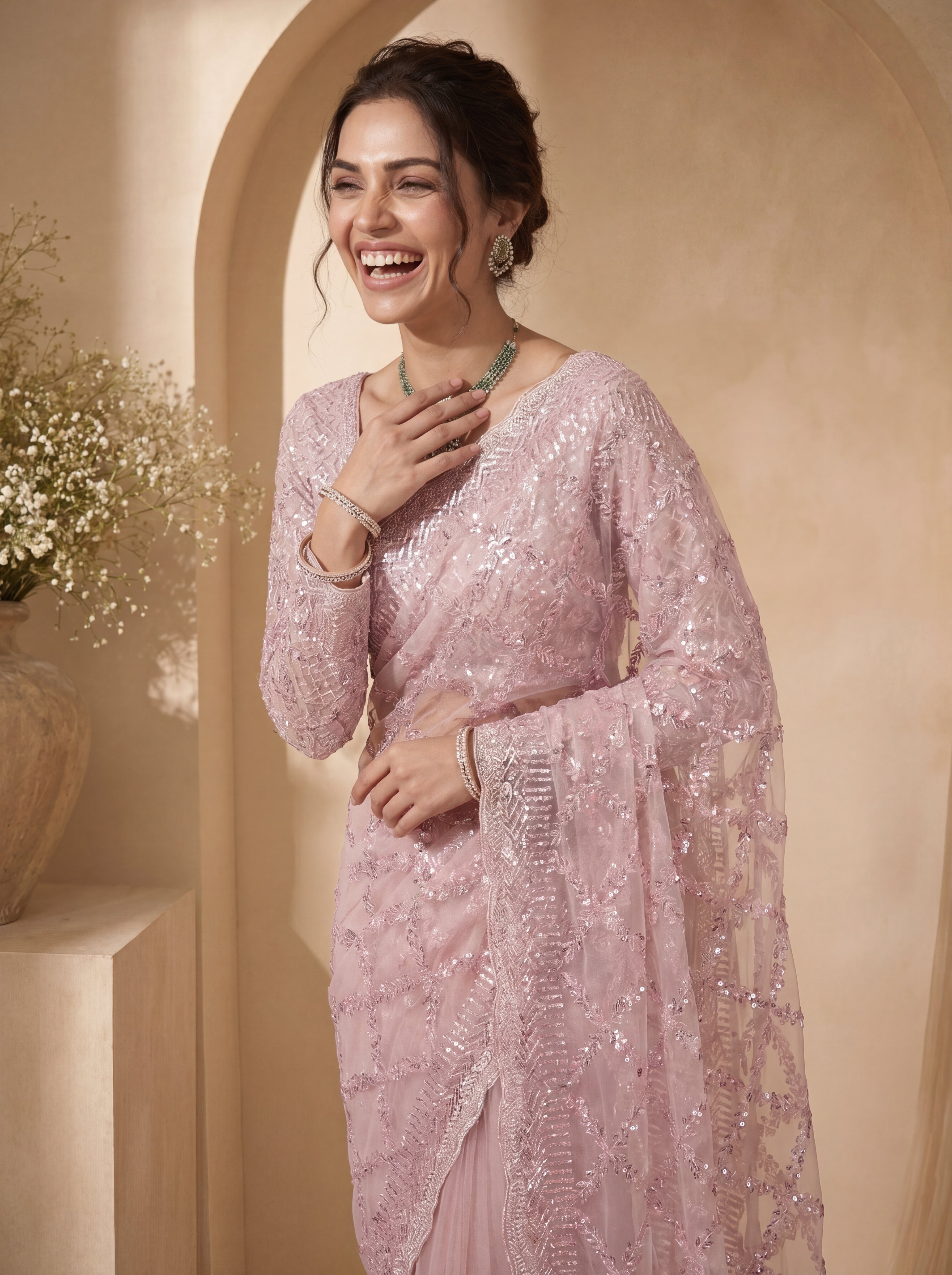 Royal Pink Net Saree with Shimmering Sequin Embroidery