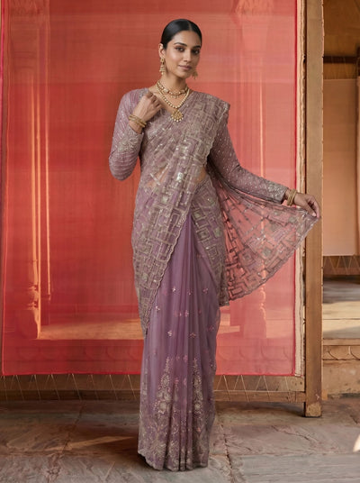 Premium Lavender Mauve Net Saree With Geometric Sequin Beads Work - Zimonza