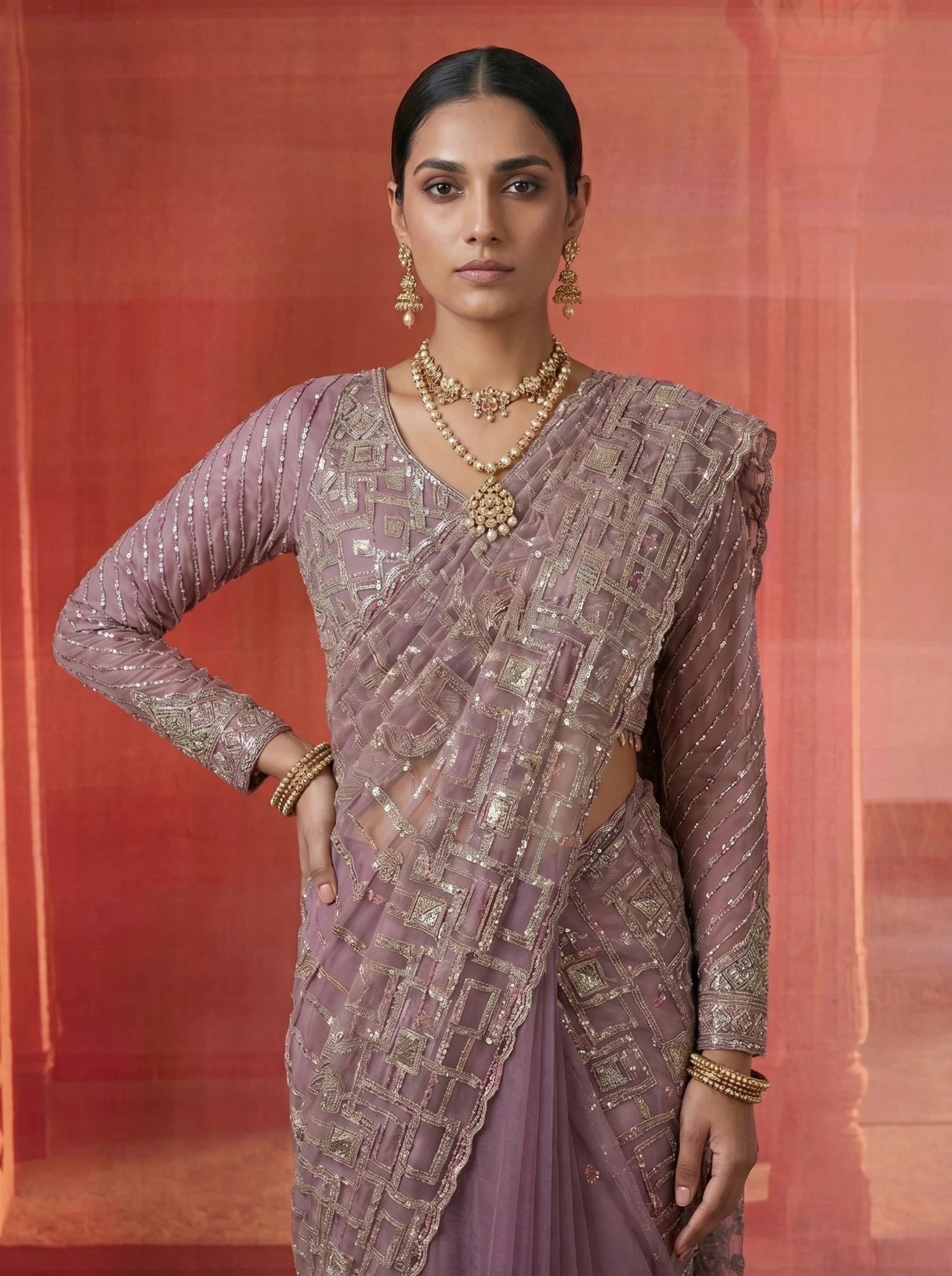 Premium Lavender Mauve Net Saree With Geometric Sequin Beads Work - Zimonza
