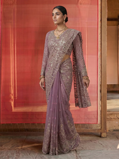 Premium Lavender Mauve Net Saree With Geometric Sequin Beads Work - Zimonza