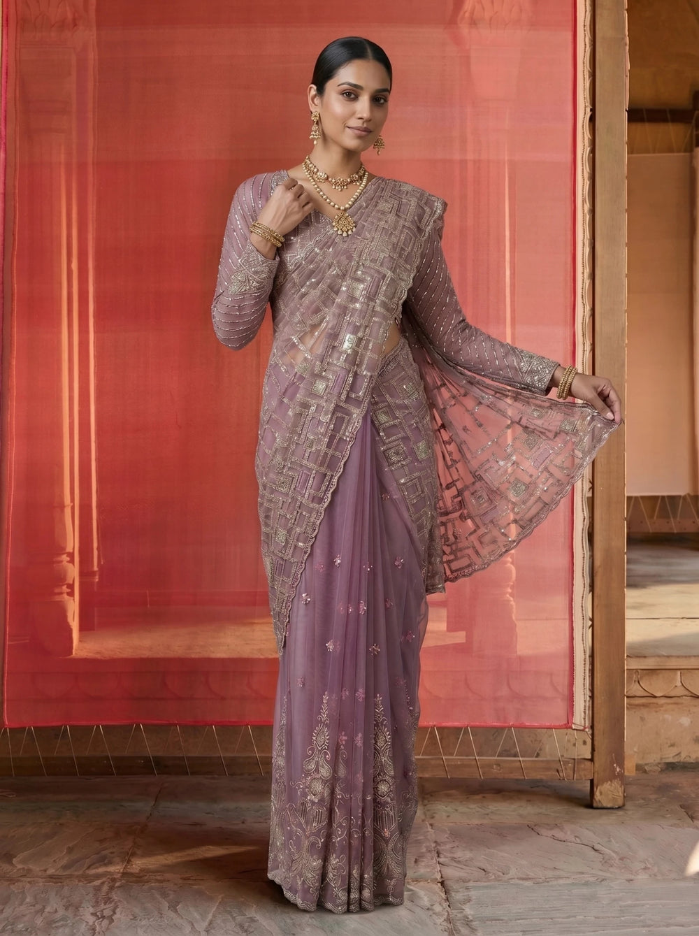 Premium Lavender Mauve Net Saree With Geometric Sequin Beads Work - Zimonza