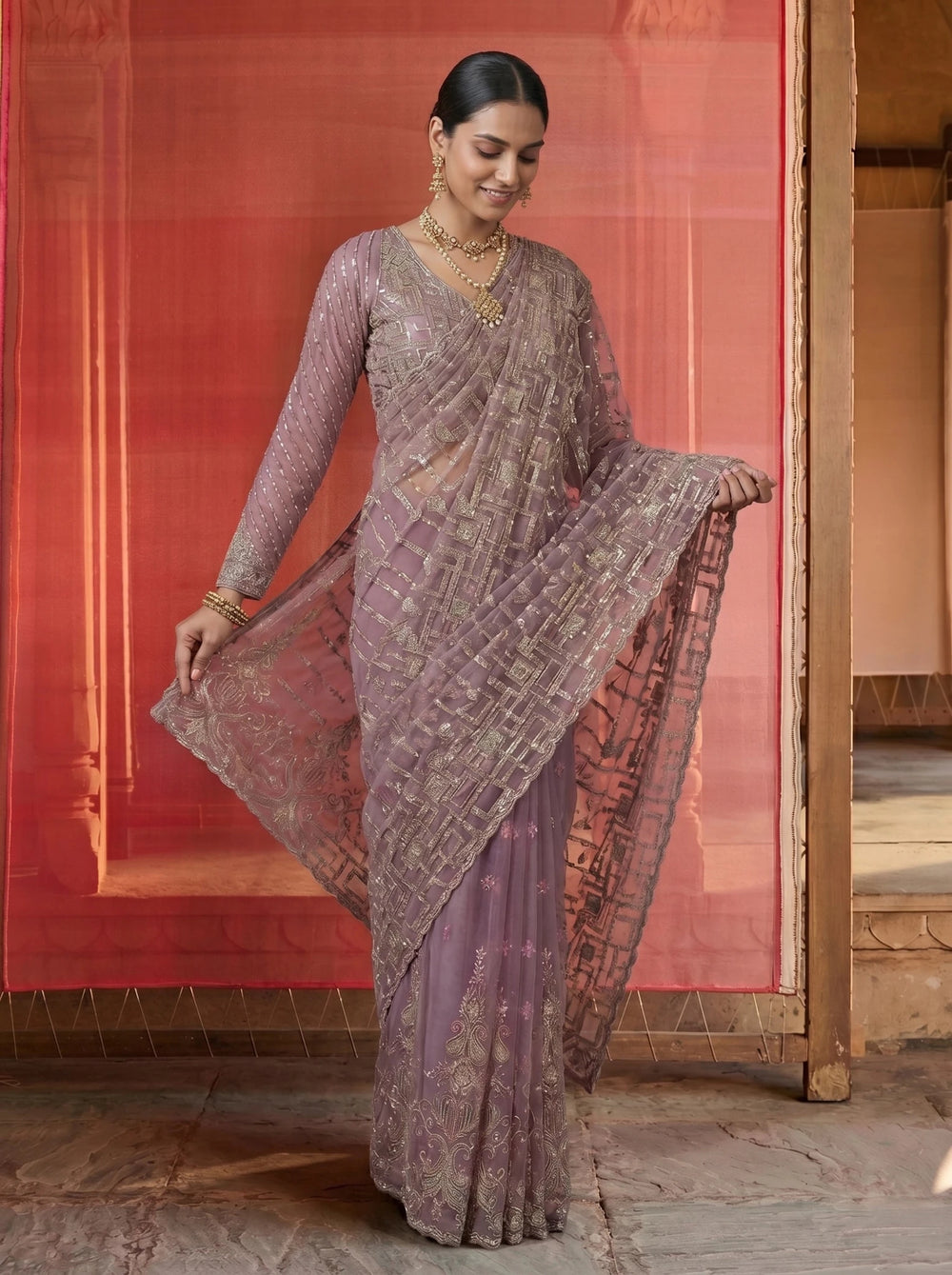 Premium Lavender Mauve Net Saree With Geometric Sequin Beads Work - Zimonza
