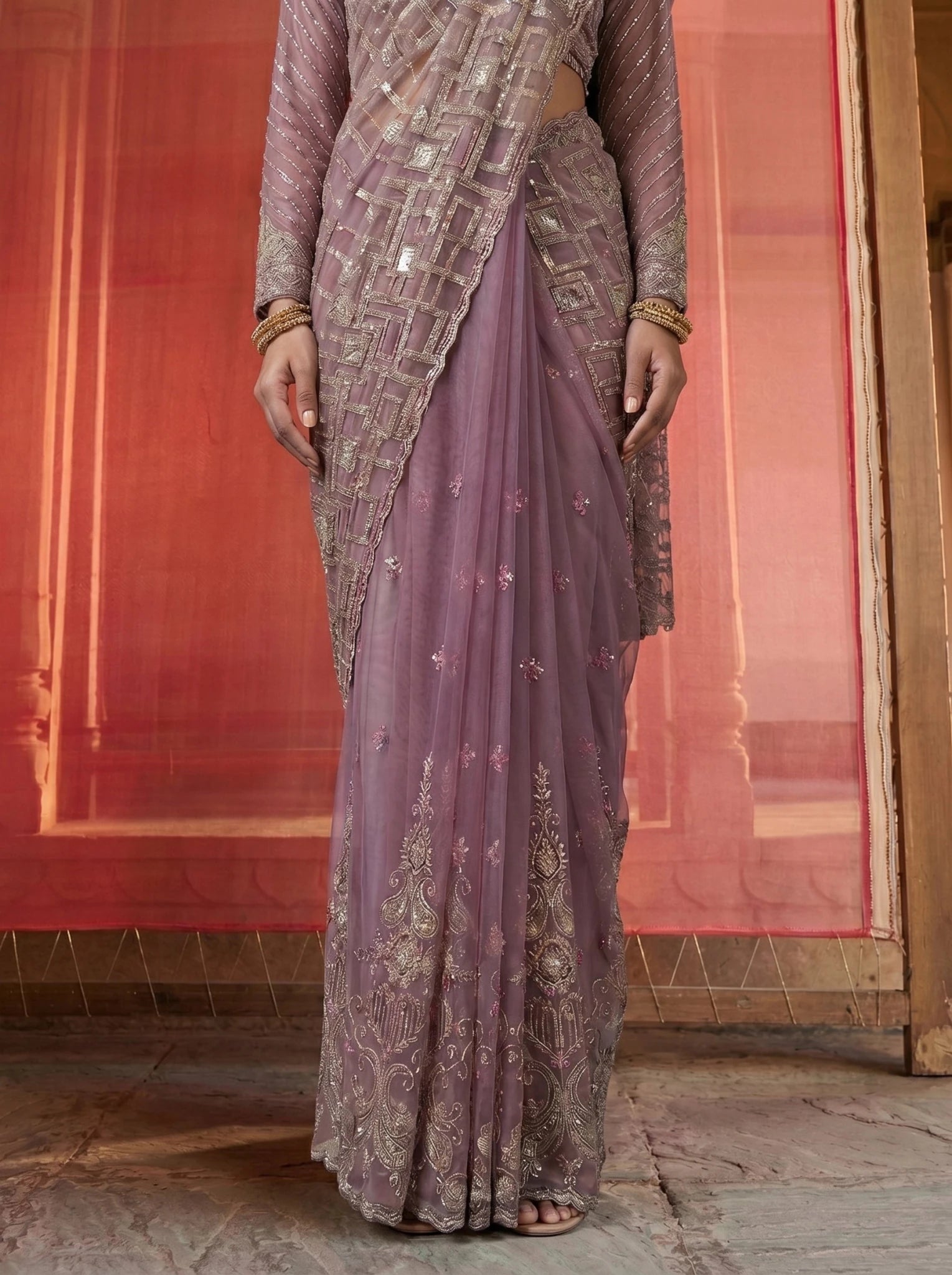 Premium Lavender Mauve Net Saree With Geometric Sequin Beads Work - Zimonza