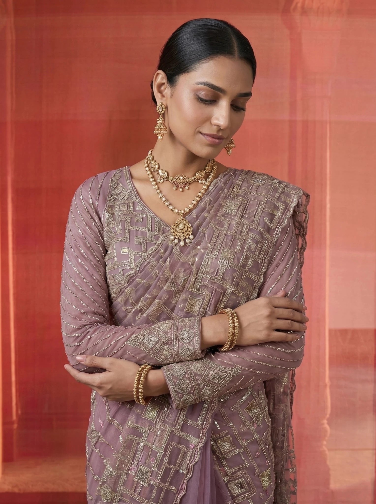Premium Lavender Mauve Net Saree With Geometric Sequin Beads Work - Zimonza