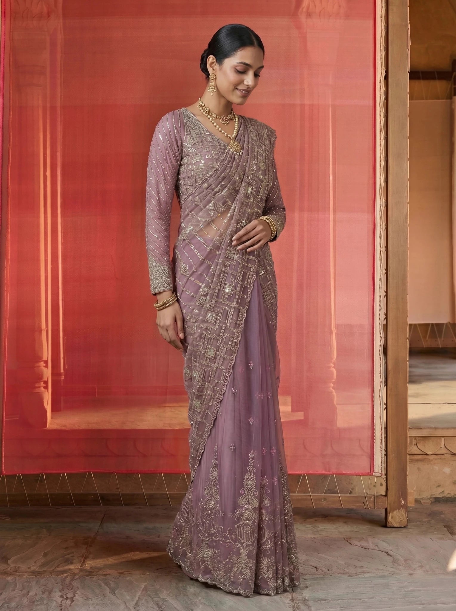 Premium Lavender Mauve Net Saree With Geometric Sequin Beads Work - Zimonza