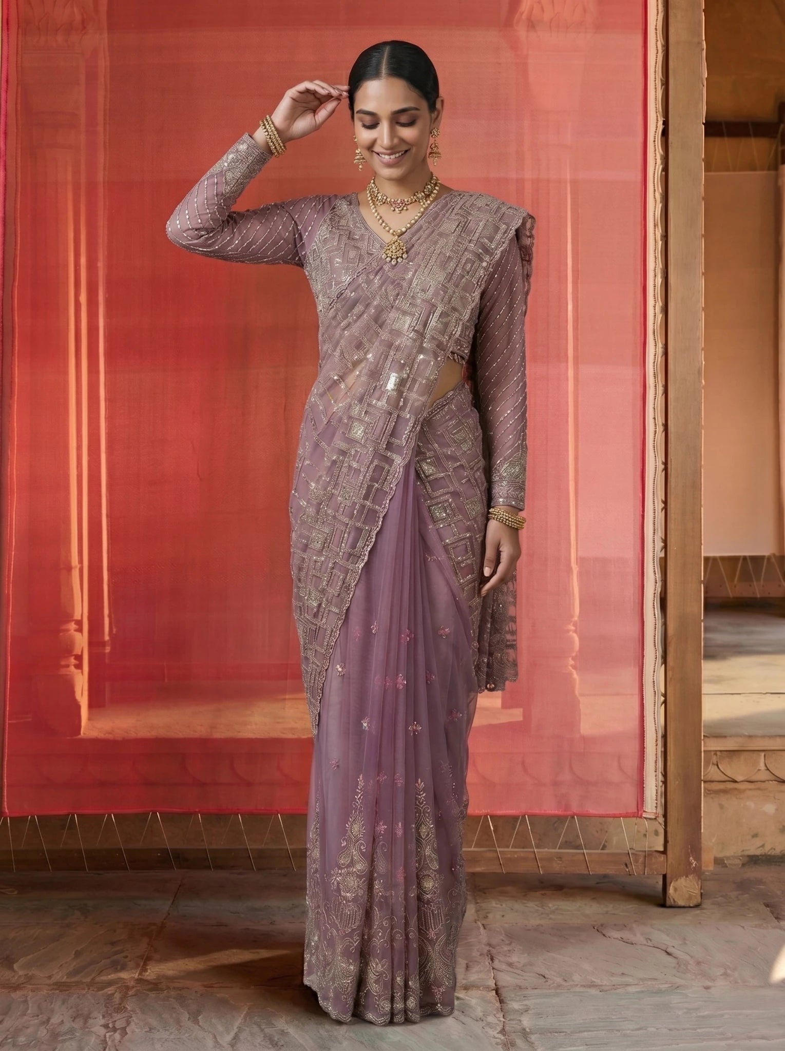 Premium Lavender Mauve Net Saree With Geometric Sequin Beads Work - Zimonza